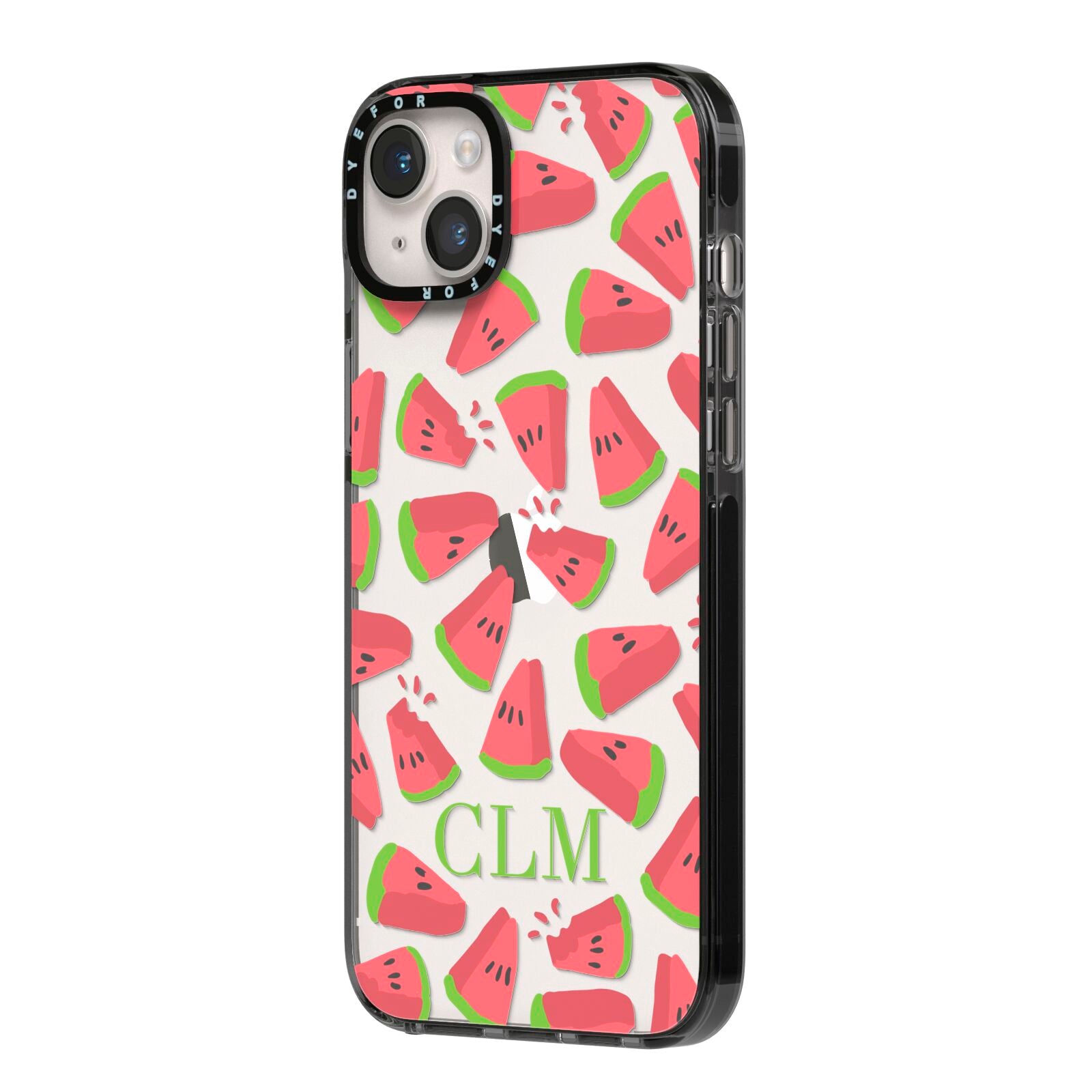 Personalised Watermelon Monogram iPhone 14 Plus Black Impact Case Side Angle on Silver phone