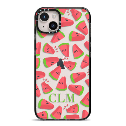 Personalised Watermelon Monogram iPhone 14 Plus Black Impact Case on Silver phone