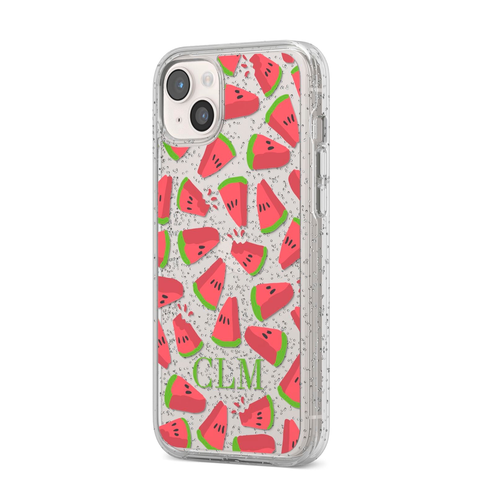 Personalised Watermelon Monogram iPhone 14 Plus Glitter Tough Case Starlight Angled Image