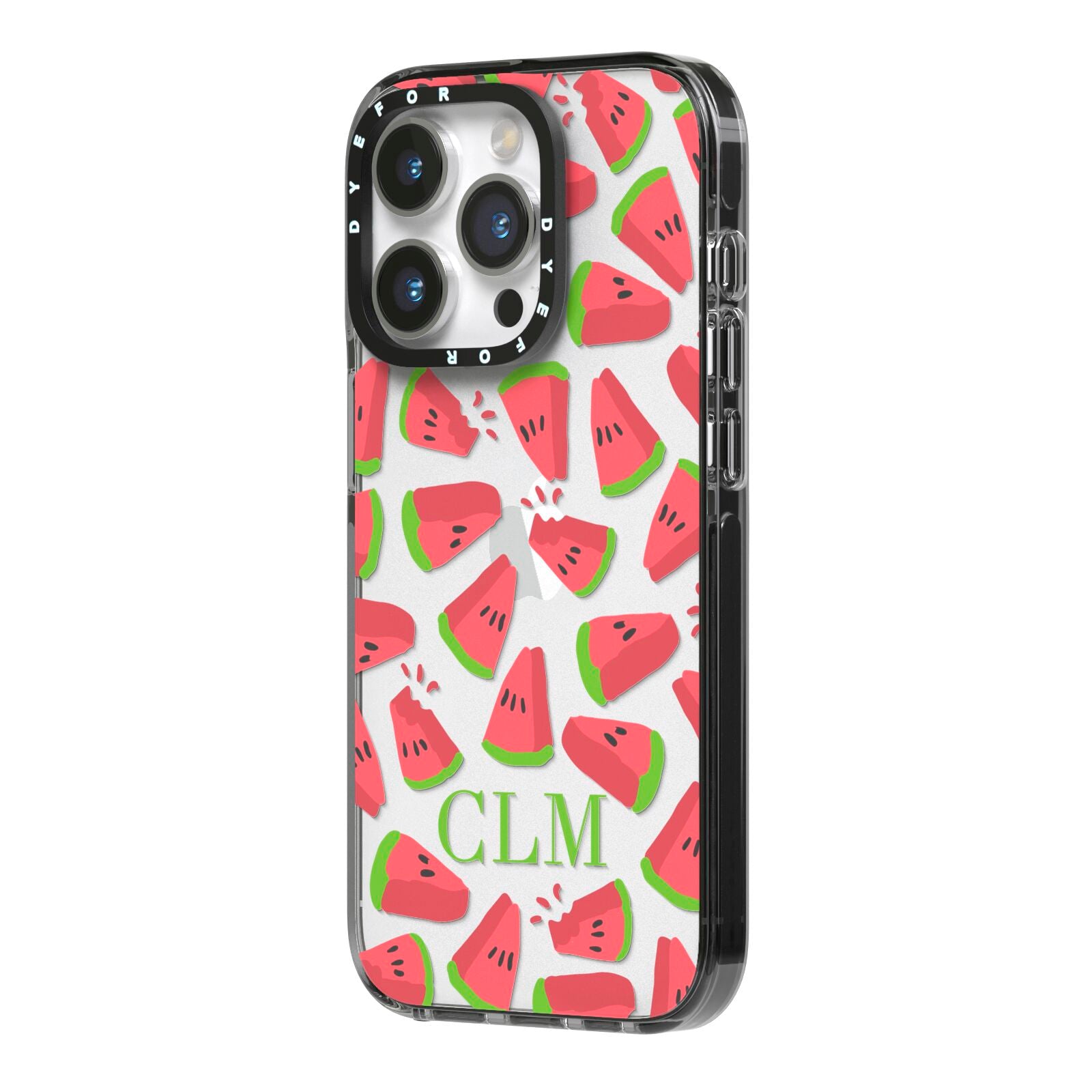 Personalised Watermelon Monogram iPhone 14 Pro Black Impact Case Side Angle on Silver phone