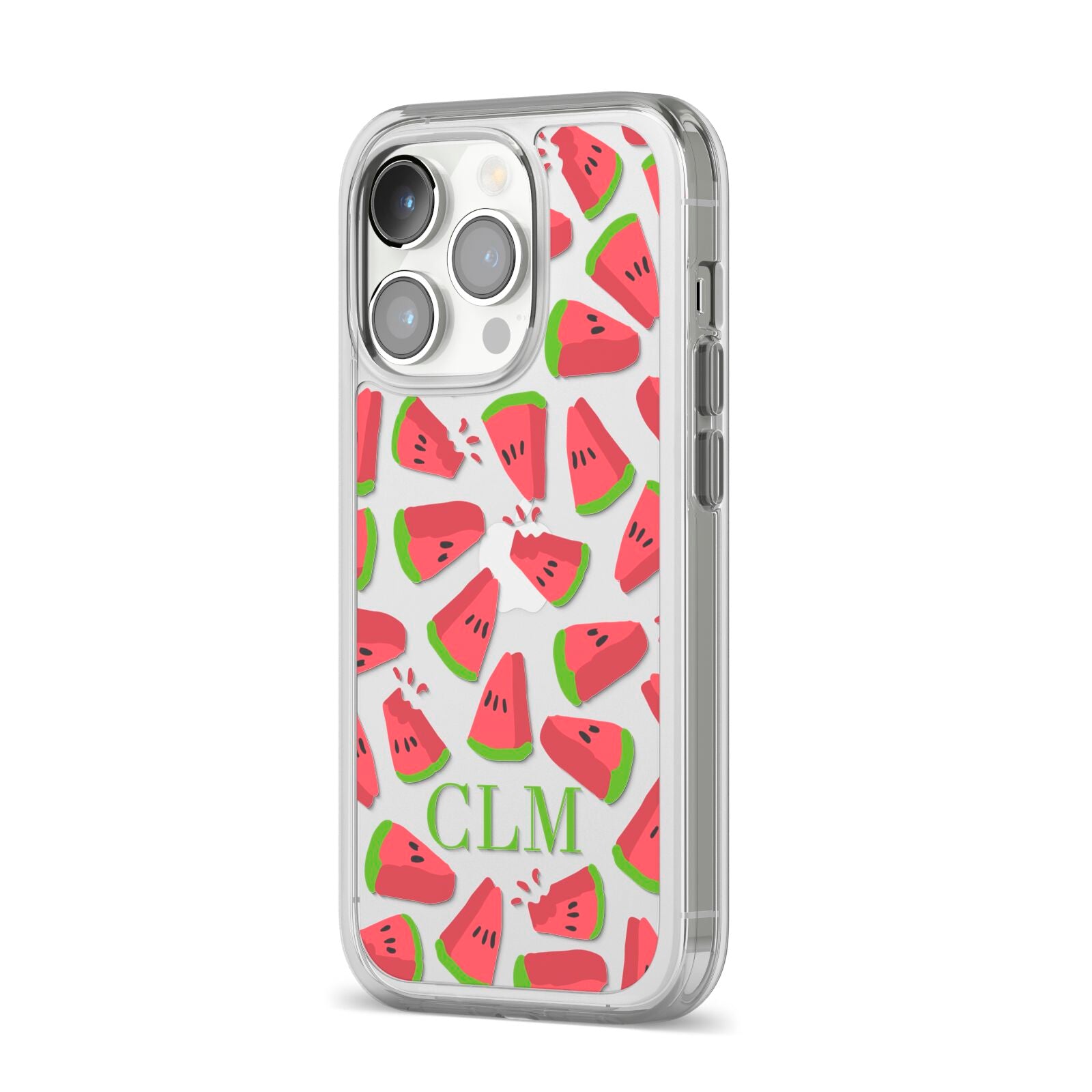 Personalised Watermelon Monogram iPhone 14 Pro Clear Tough Case Silver Angled Image
