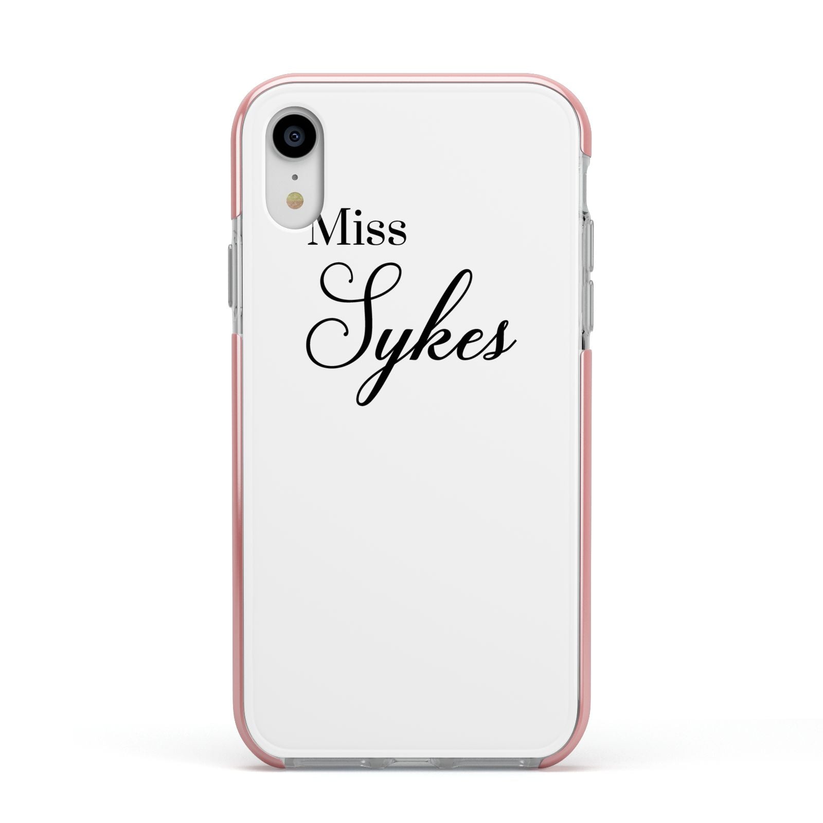 Personalised Wedding Name Miss Apple iPhone XR Impact Case Pink Edge on Silver Phone