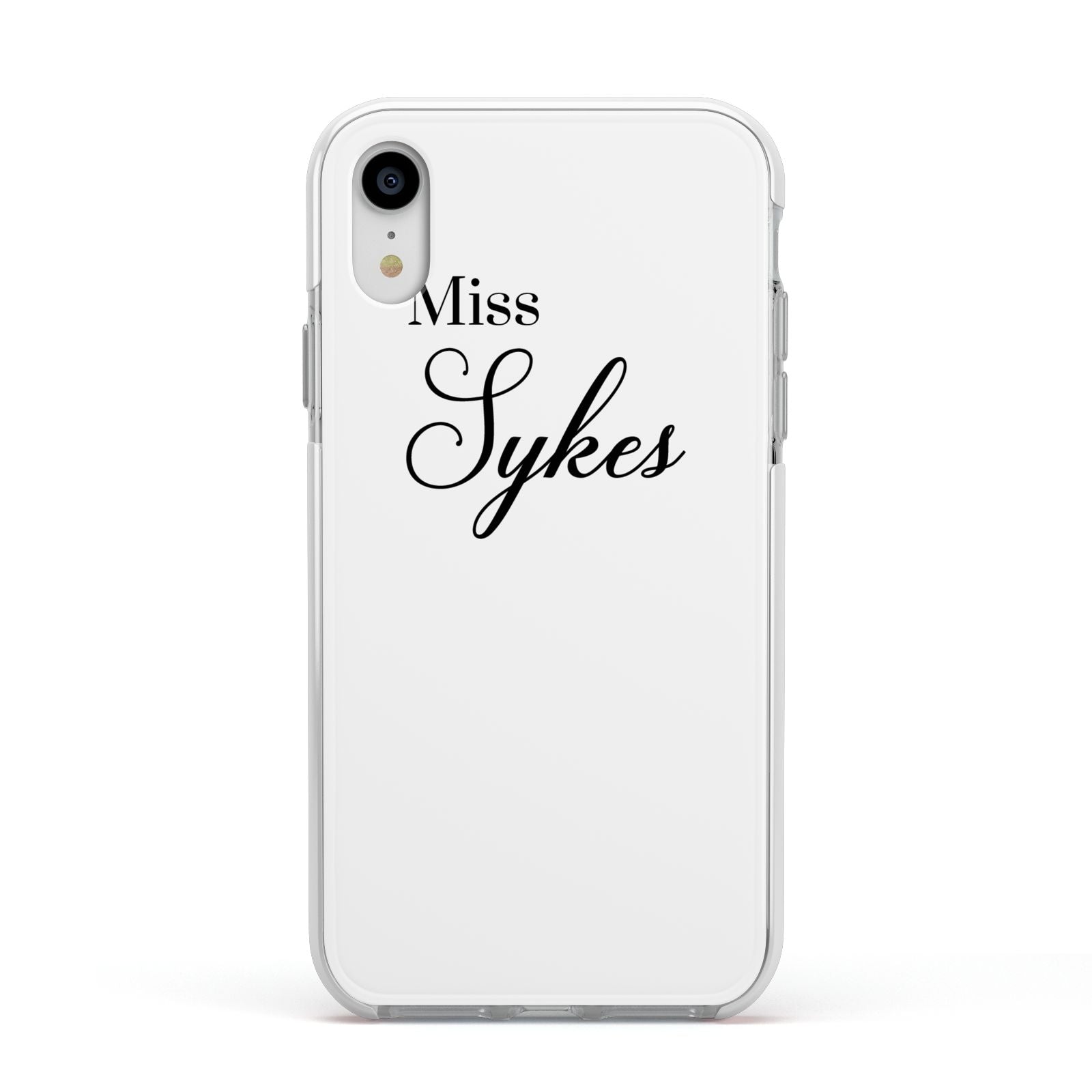 Personalised Wedding Name Miss Apple iPhone XR Impact Case White Edge on Silver Phone