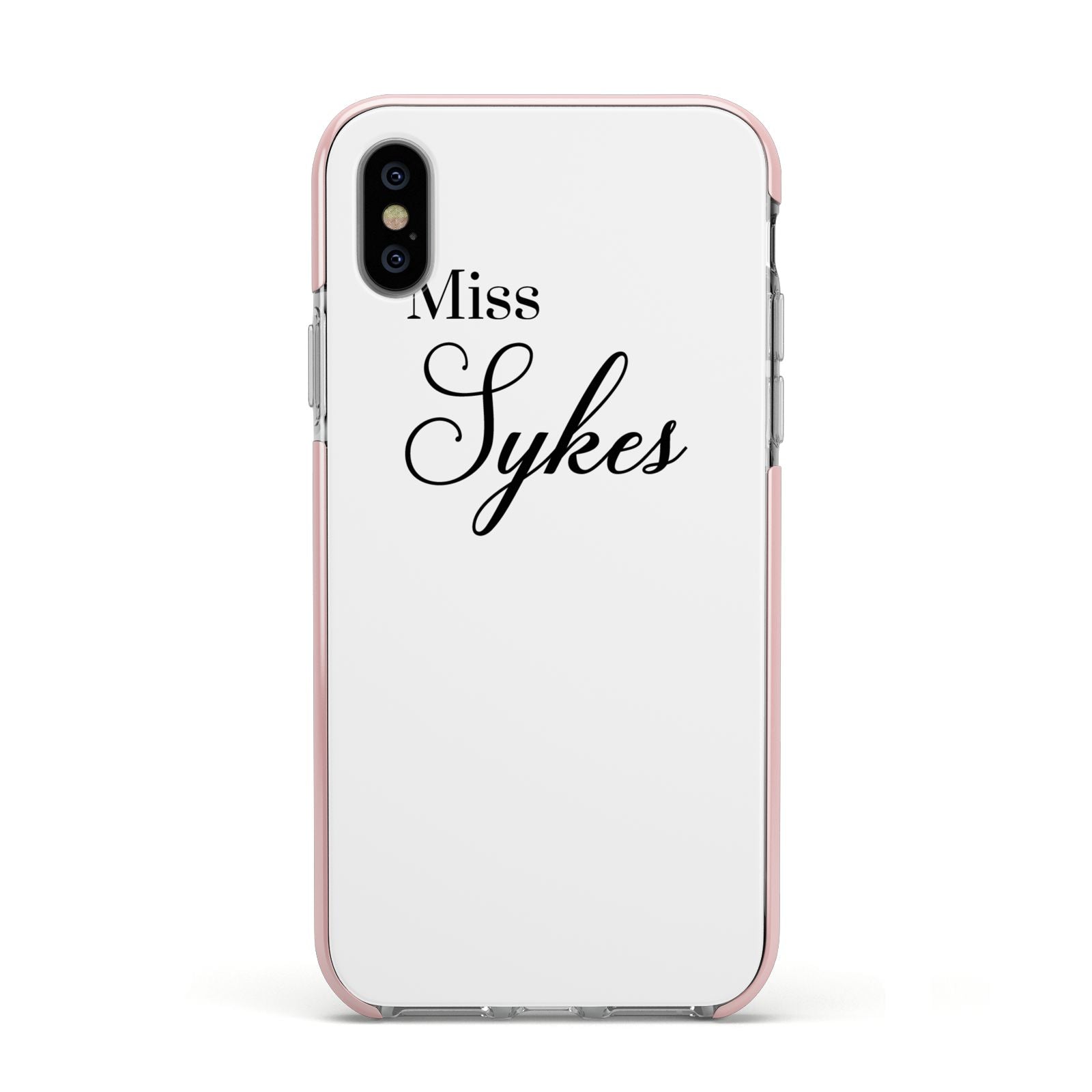 Personalised Wedding Name Miss Apple iPhone Xs Impact Case Pink Edge on Silver Phone