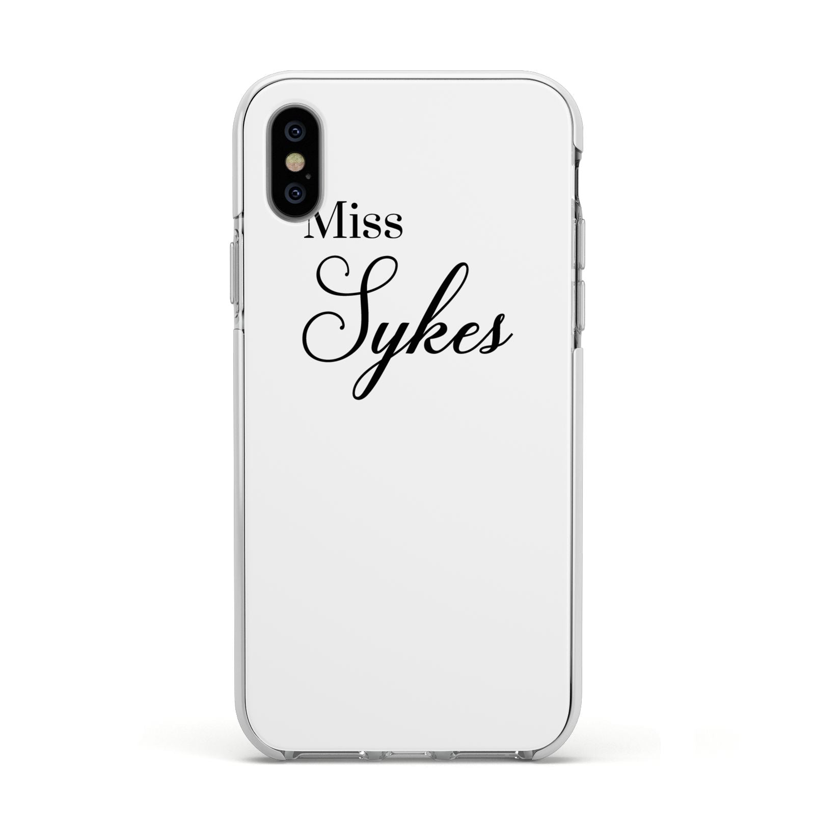 Personalised Wedding Name Miss Apple iPhone Xs Impact Case White Edge on Silver Phone