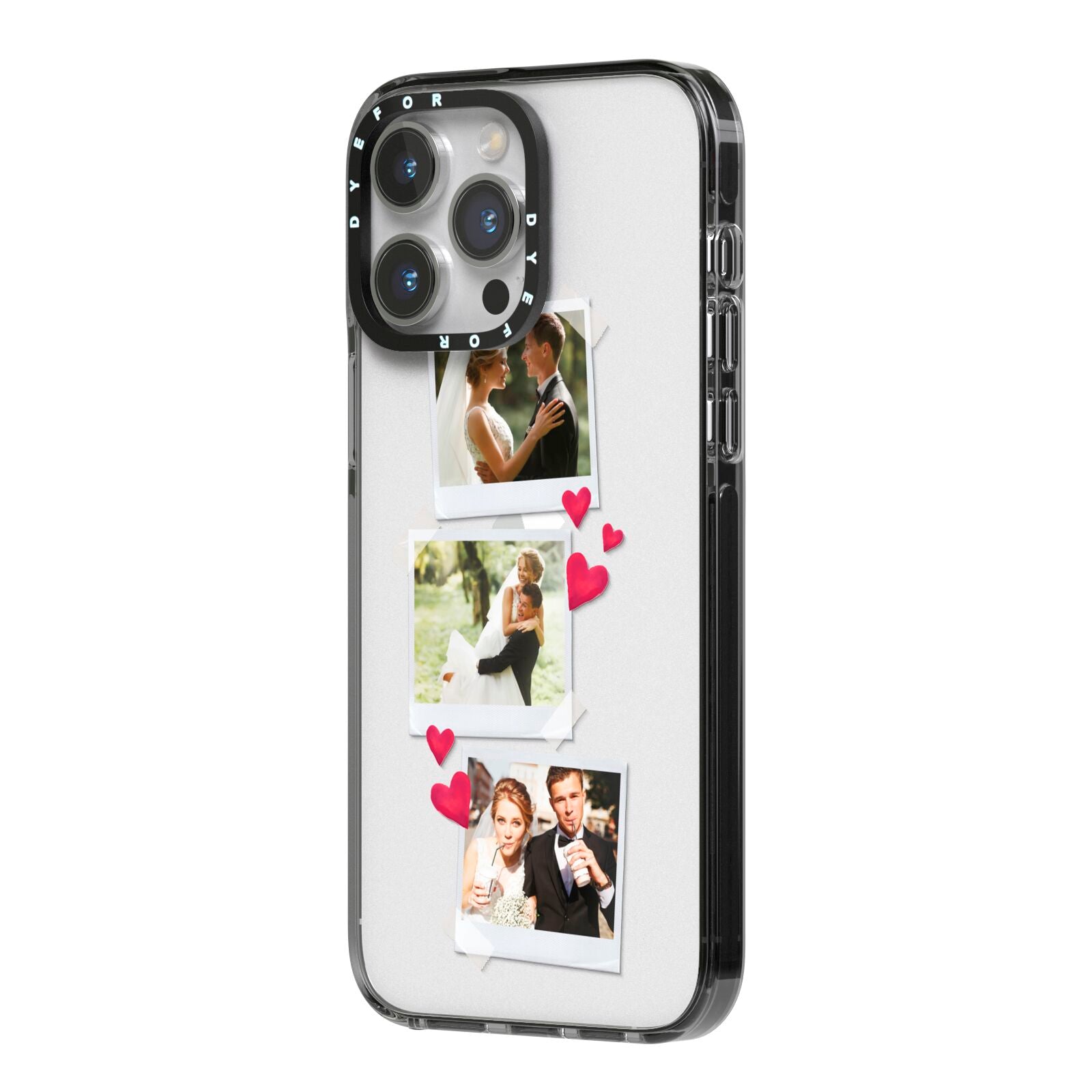 Personalised Wedding Photo Montage iPhone 14 Pro Max Black Impact Case Side Angle on Silver phone