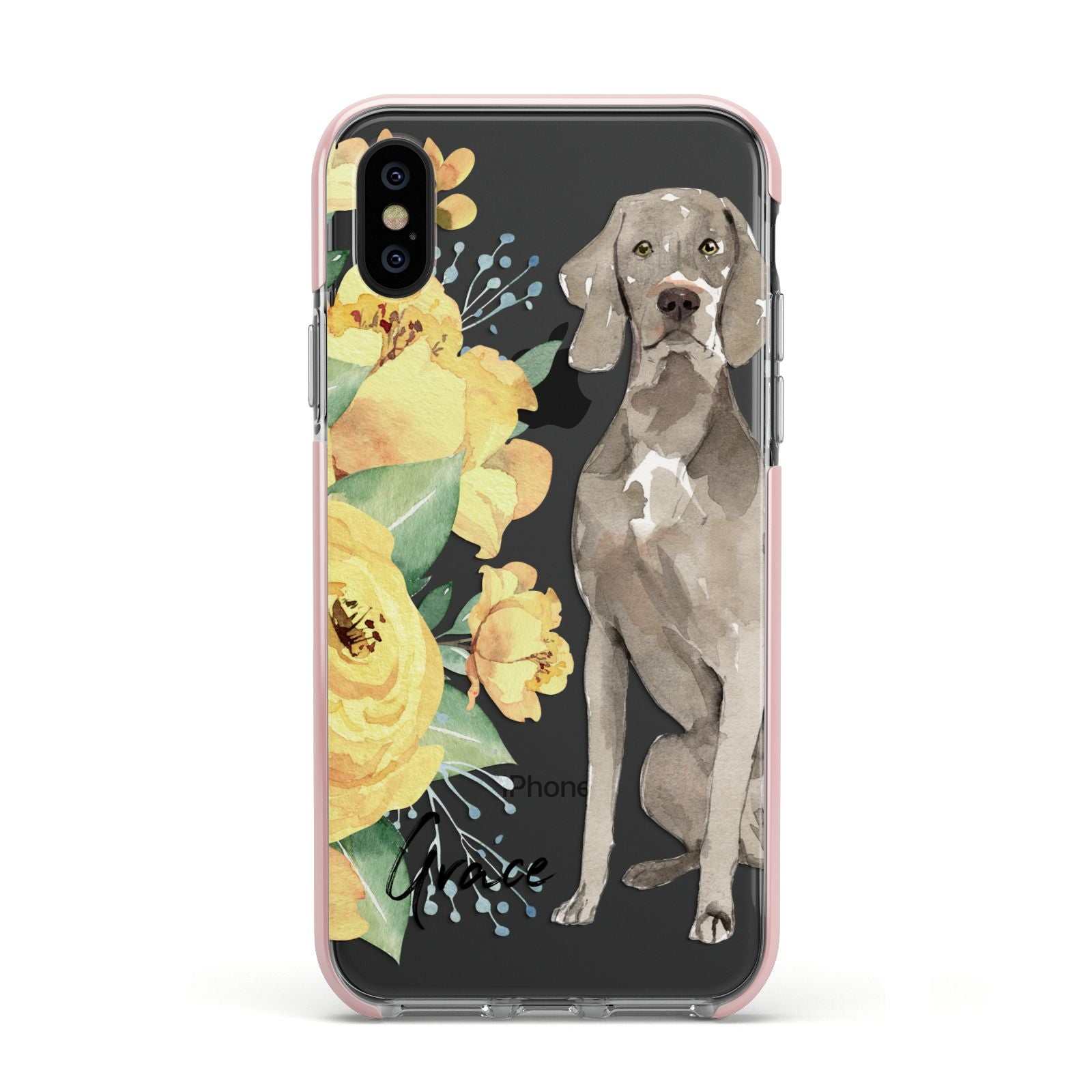 Personalised Weimaraner Apple iPhone Xs Impact Case Pink Edge on Black Phone