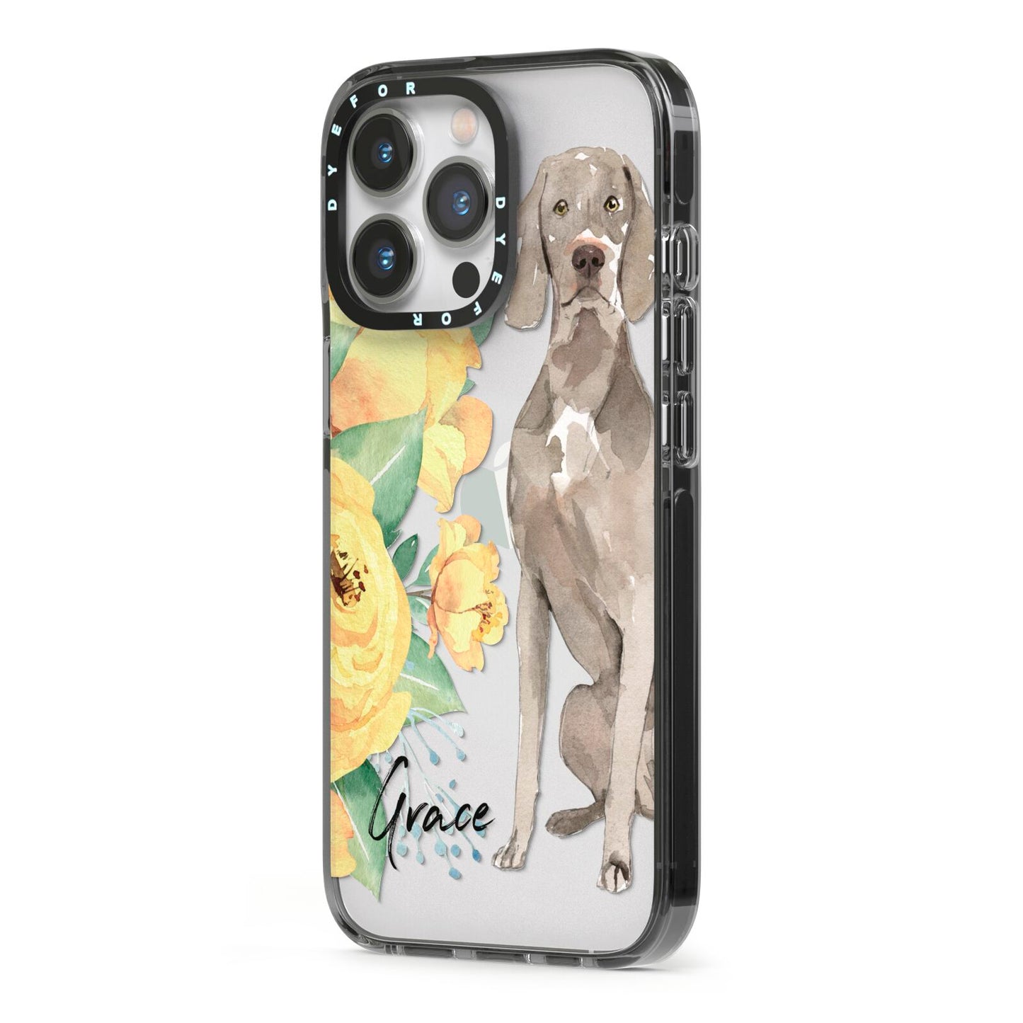 Personalised Weimaraner iPhone 13 Pro Black Impact Case Side Angle on Silver phone