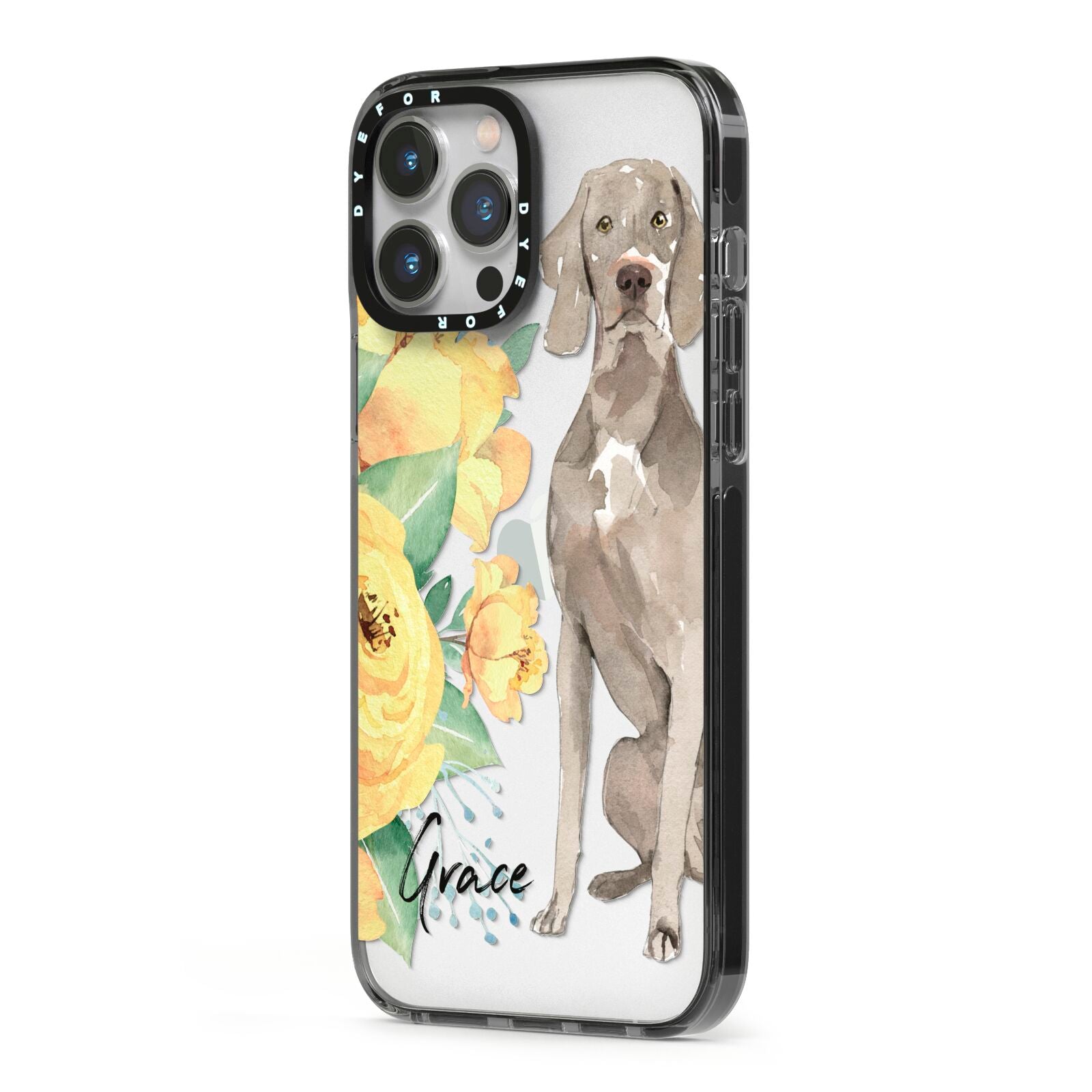 Personalised Weimaraner iPhone 13 Pro Max Black Impact Case Side Angle on Silver phone