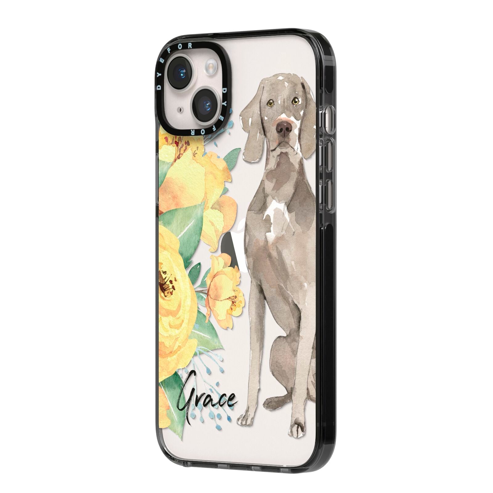 Personalised Weimaraner iPhone 14 Plus Black Impact Case Side Angle on Silver phone