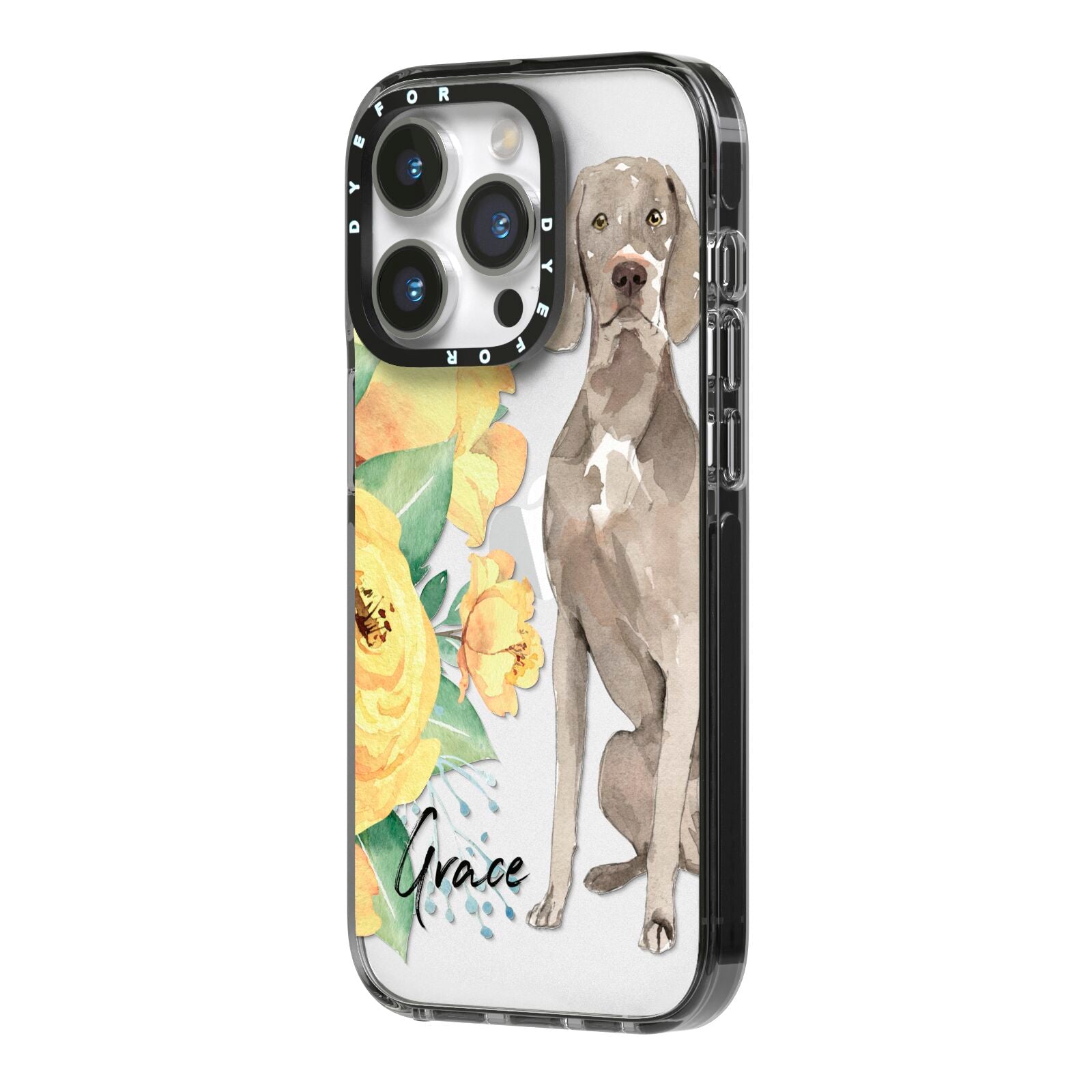 Personalised Weimaraner iPhone 14 Pro Black Impact Case Side Angle on Silver phone