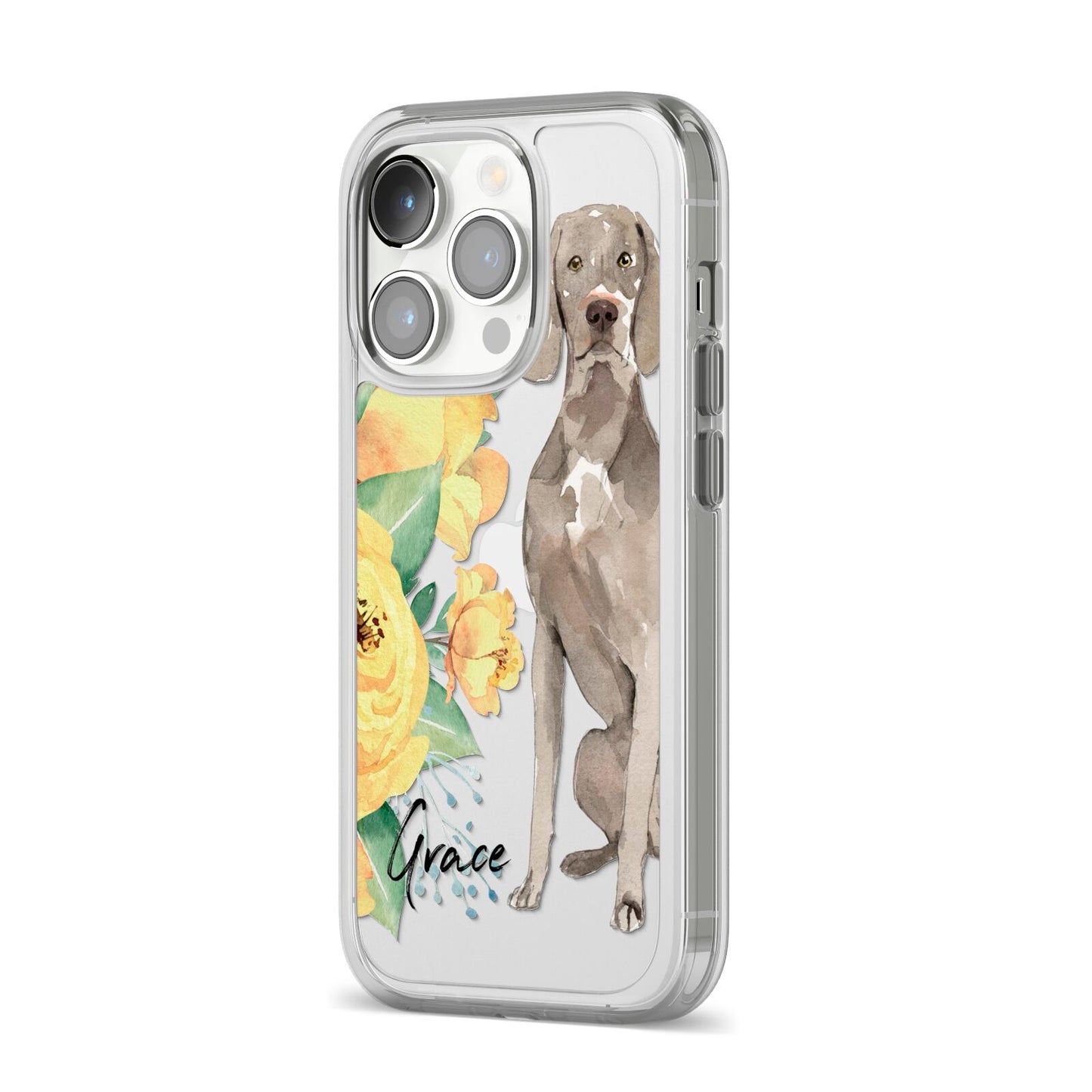 Personalised Weimaraner iPhone 14 Pro Clear Tough Case Silver Angled Image