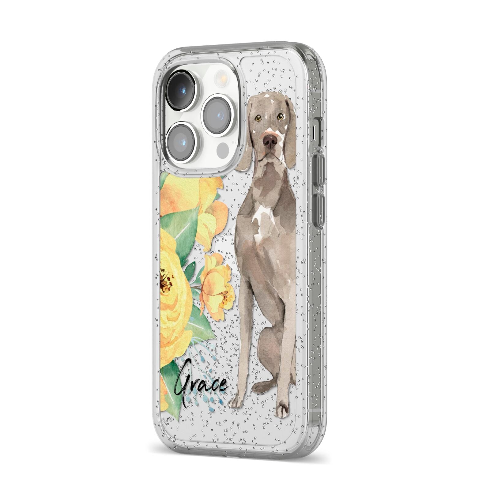 Personalised Weimaraner iPhone 14 Pro Glitter Tough Case Silver Angled Image
