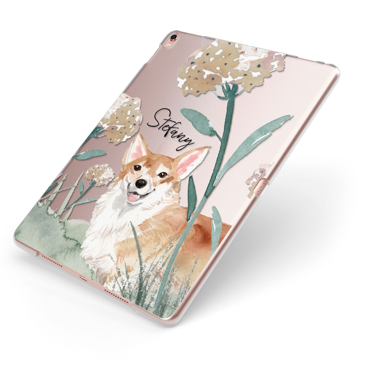 Personalised Welsh Corgi Dog Apple iPad Case on Rose Gold iPad Side View