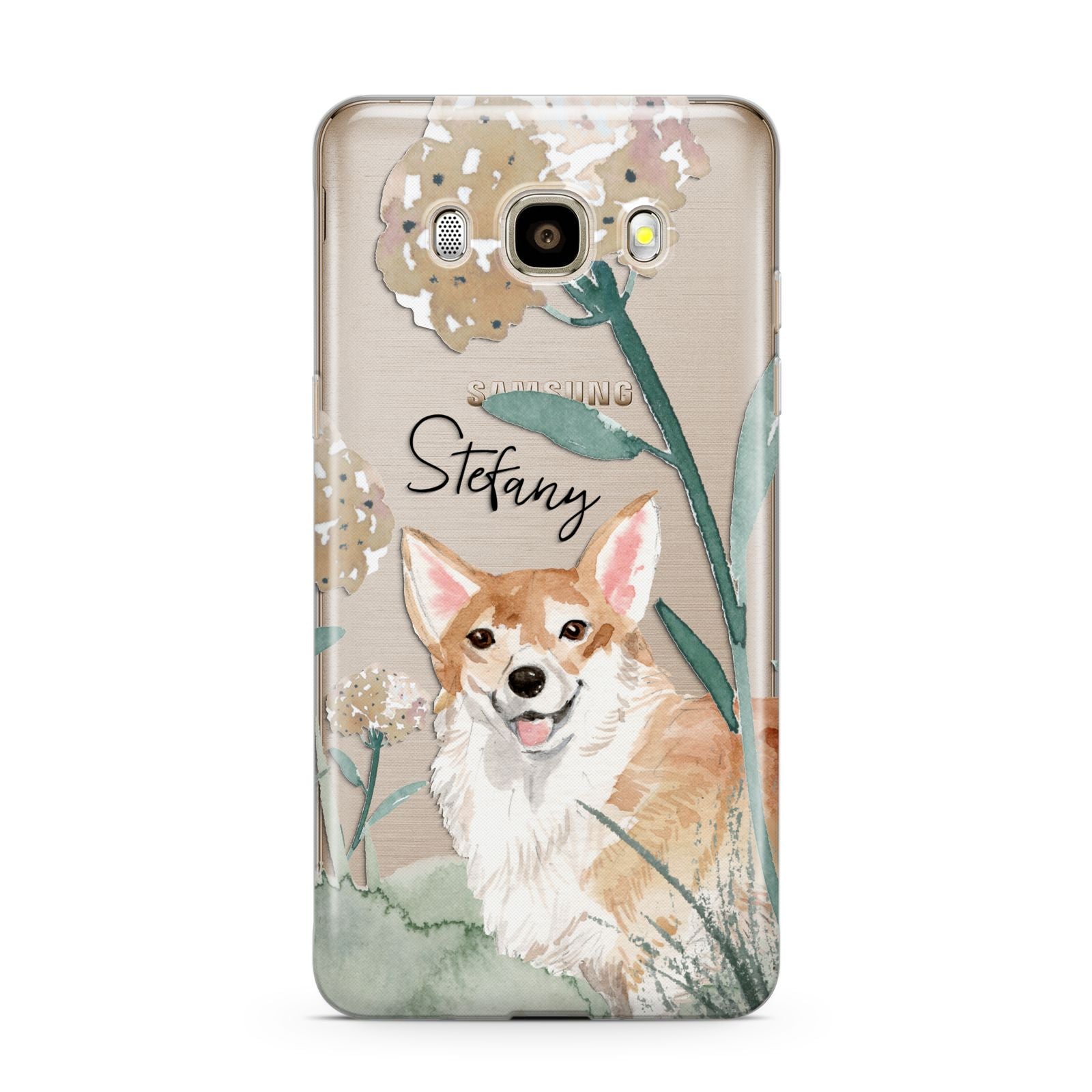 Personalised Welsh Corgi Dog Samsung Galaxy J7 2016 Case on gold phone