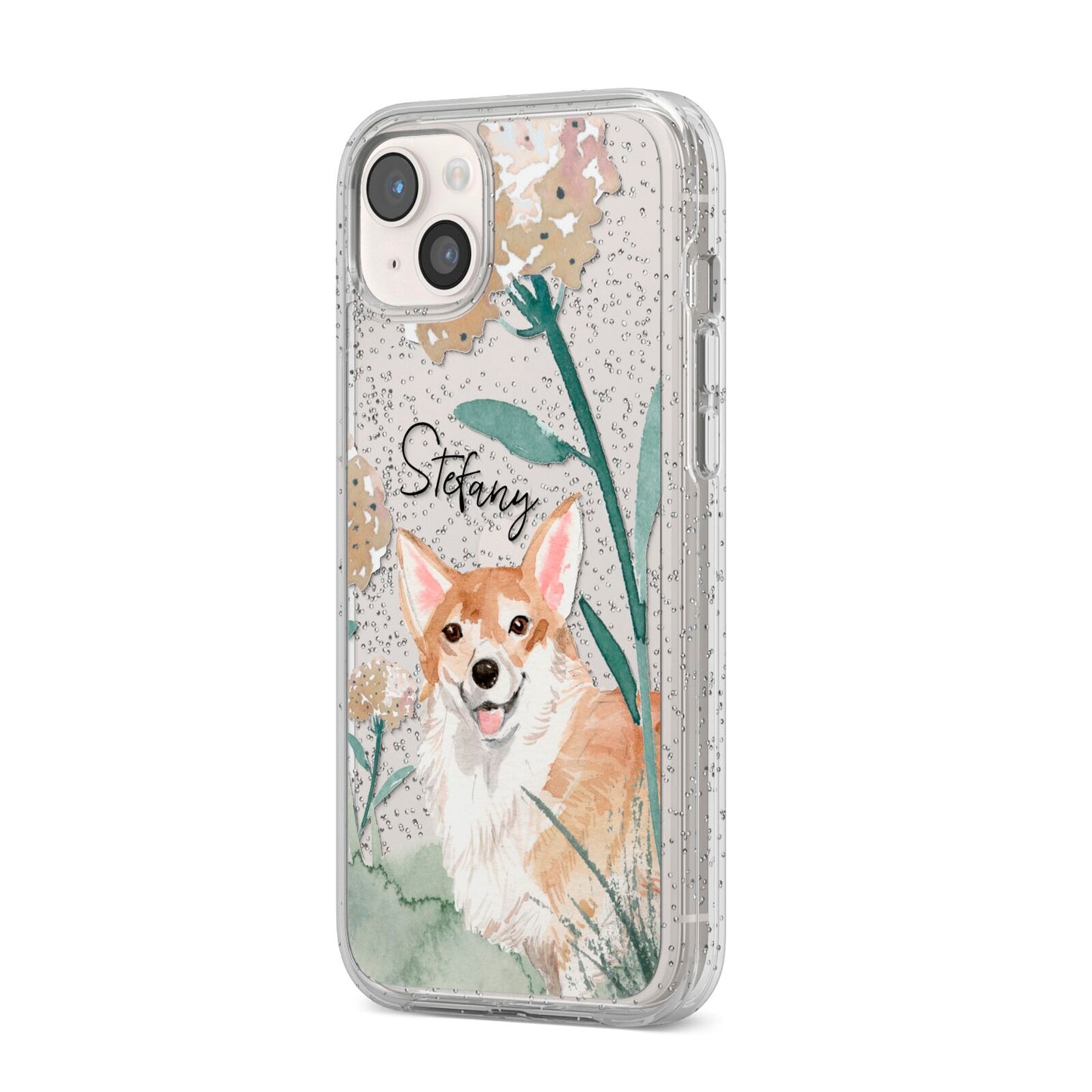 Personalised Welsh Corgi Dog iPhone 14 Plus Glitter Tough Case Starlight Angled Image