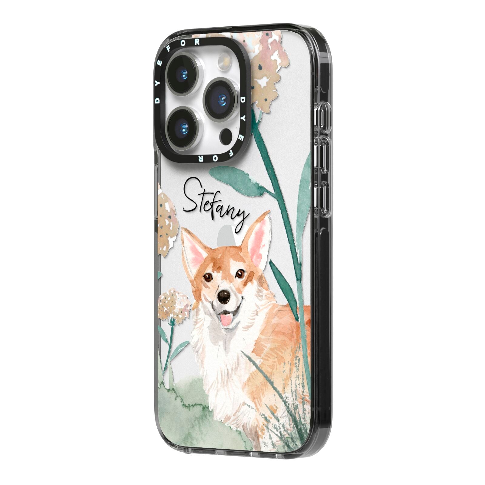 Personalised Welsh Corgi Dog iPhone 14 Pro Black Impact Case Side Angle on Silver phone