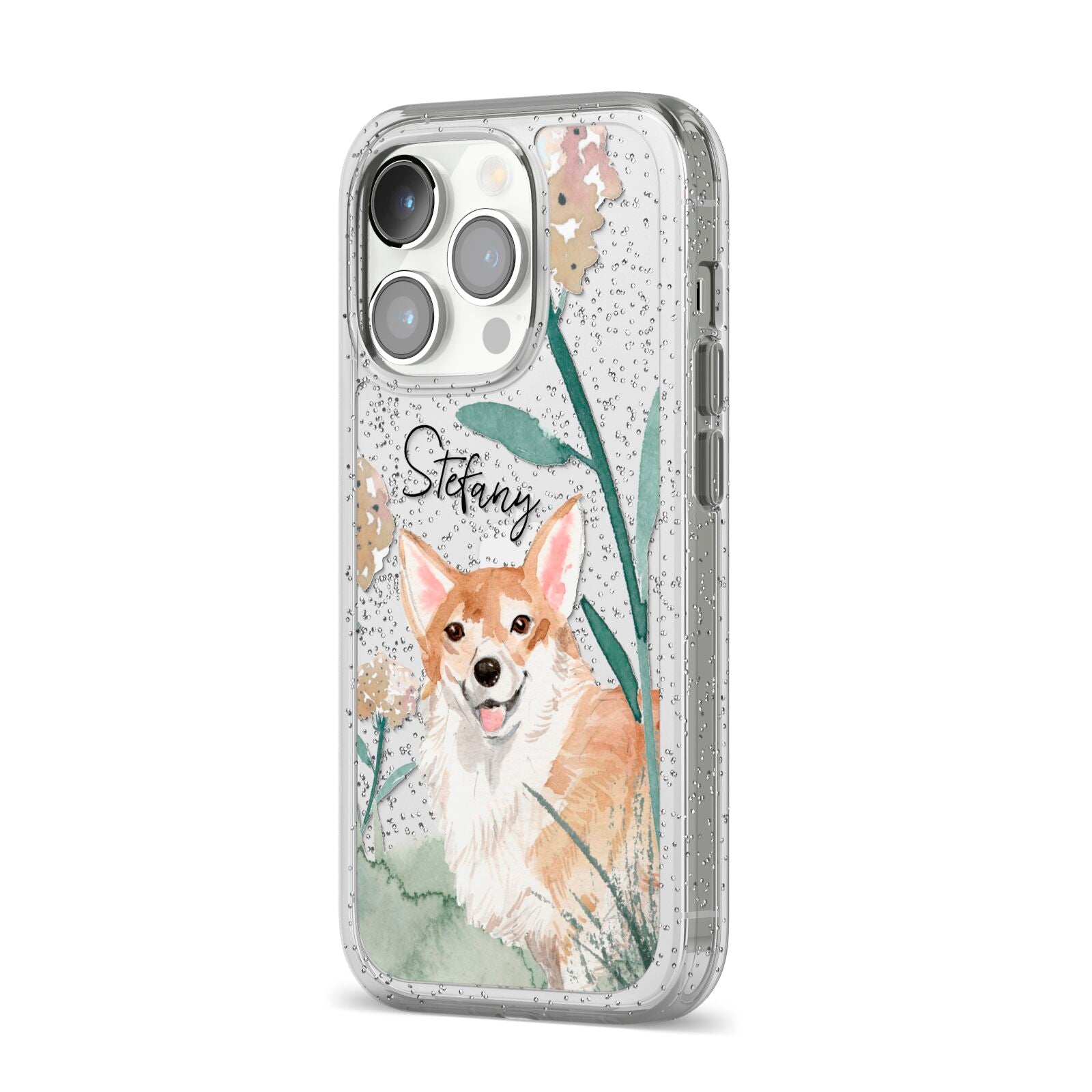 Personalised Welsh Corgi Dog iPhone 14 Pro Glitter Tough Case Silver Angled Image