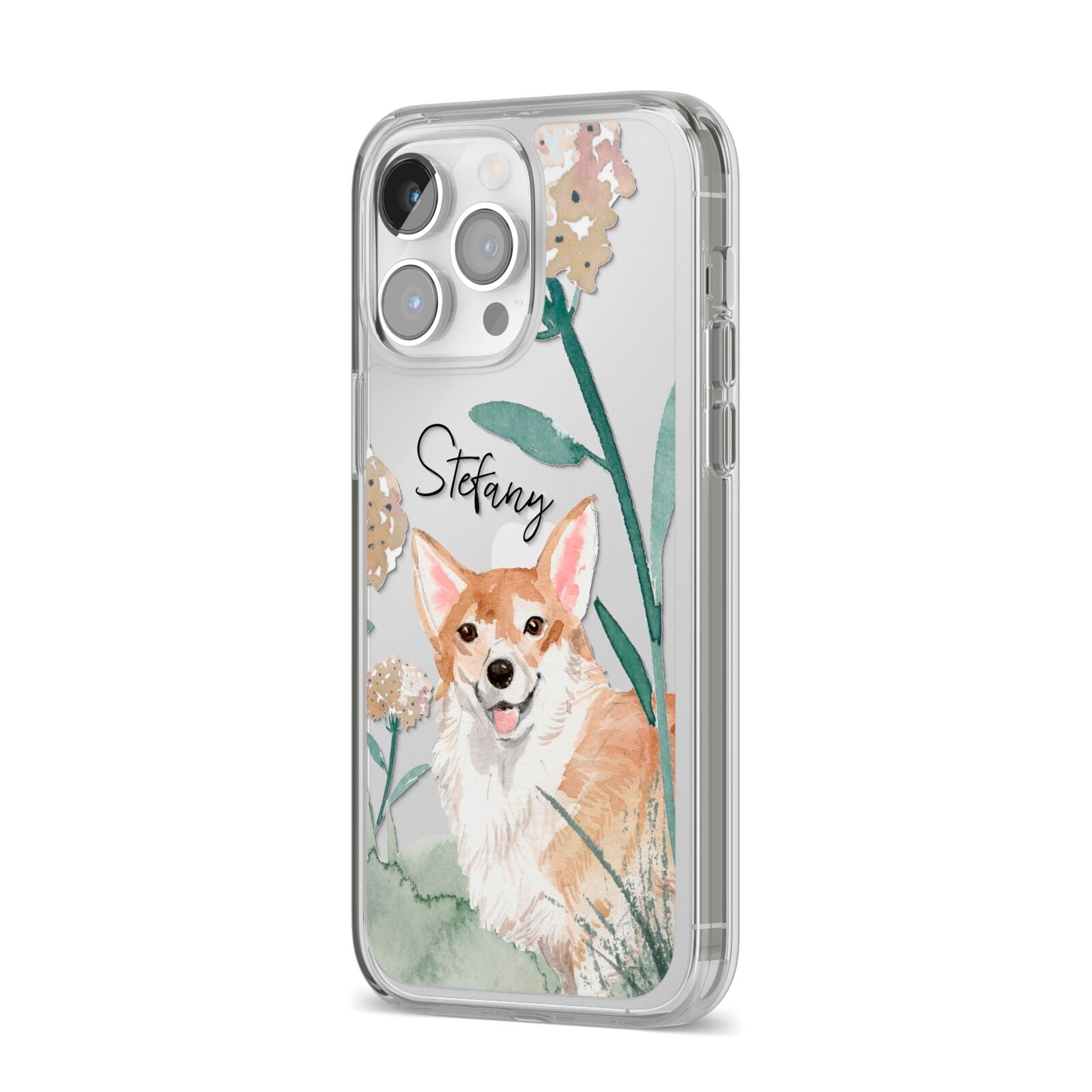Personalised Welsh Corgi Dog iPhone 14 Pro Max Clear Tough Case Silver Angled Image