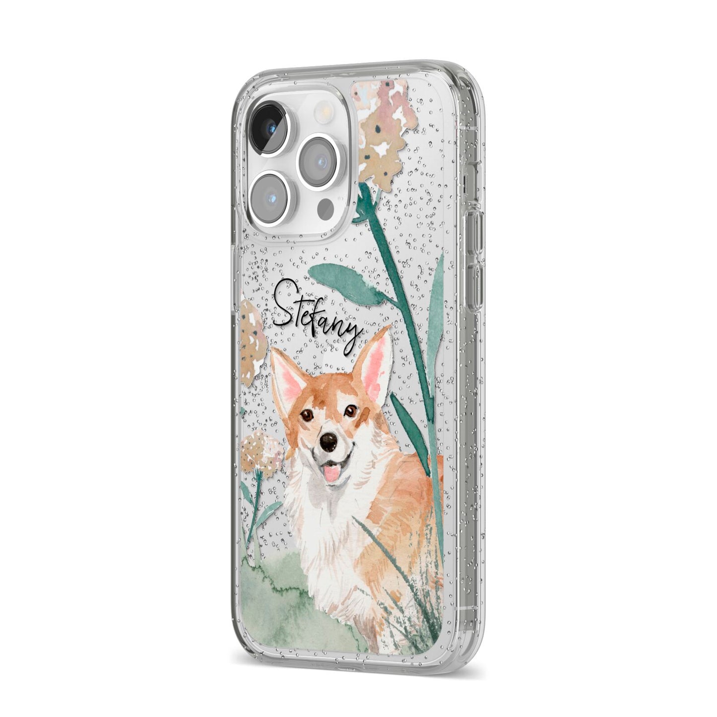 Personalised Welsh Corgi Dog iPhone 14 Pro Max Glitter Tough Case Silver Angled Image