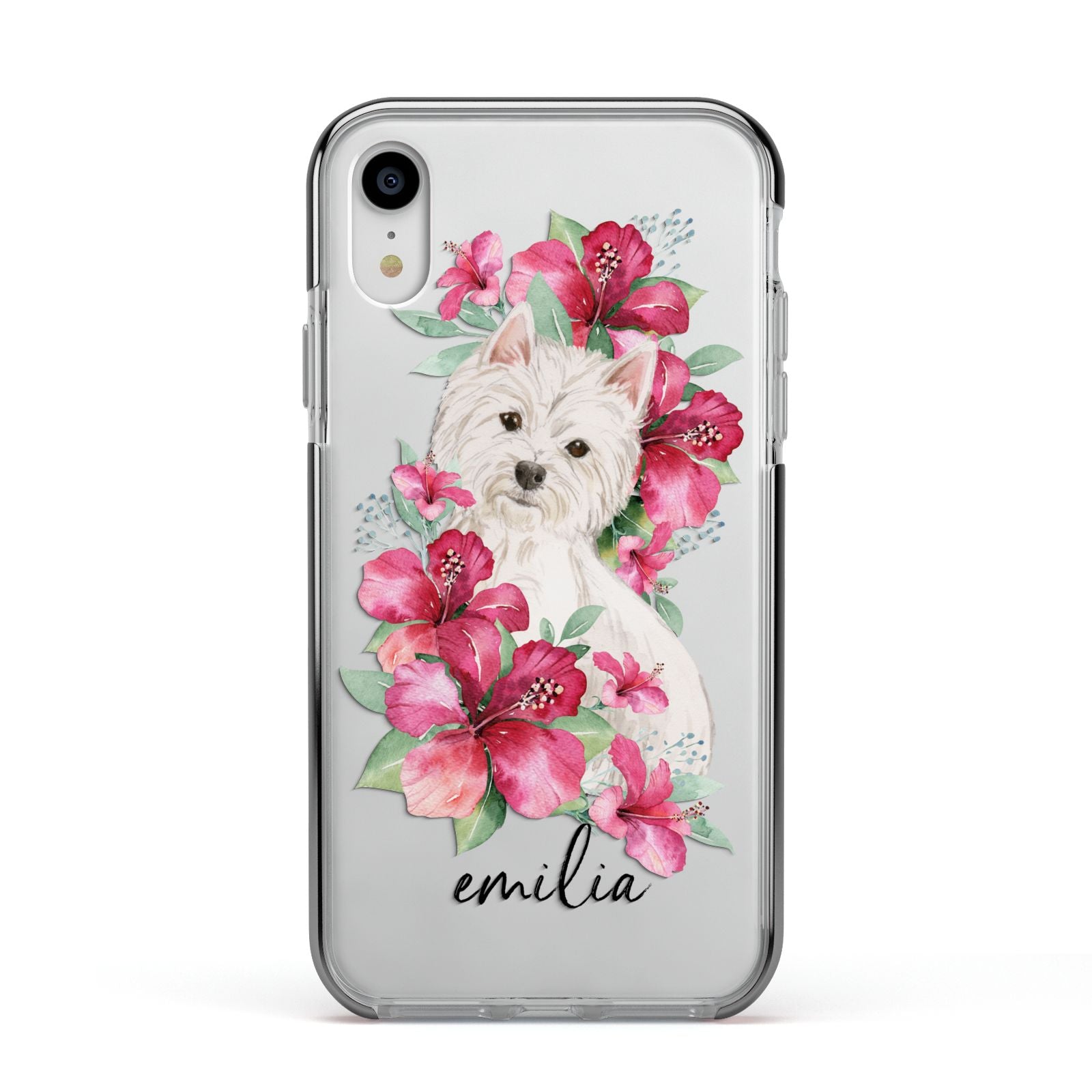 Personalised Westie Dog Apple iPhone XR Impact Case Black Edge on Silver Phone