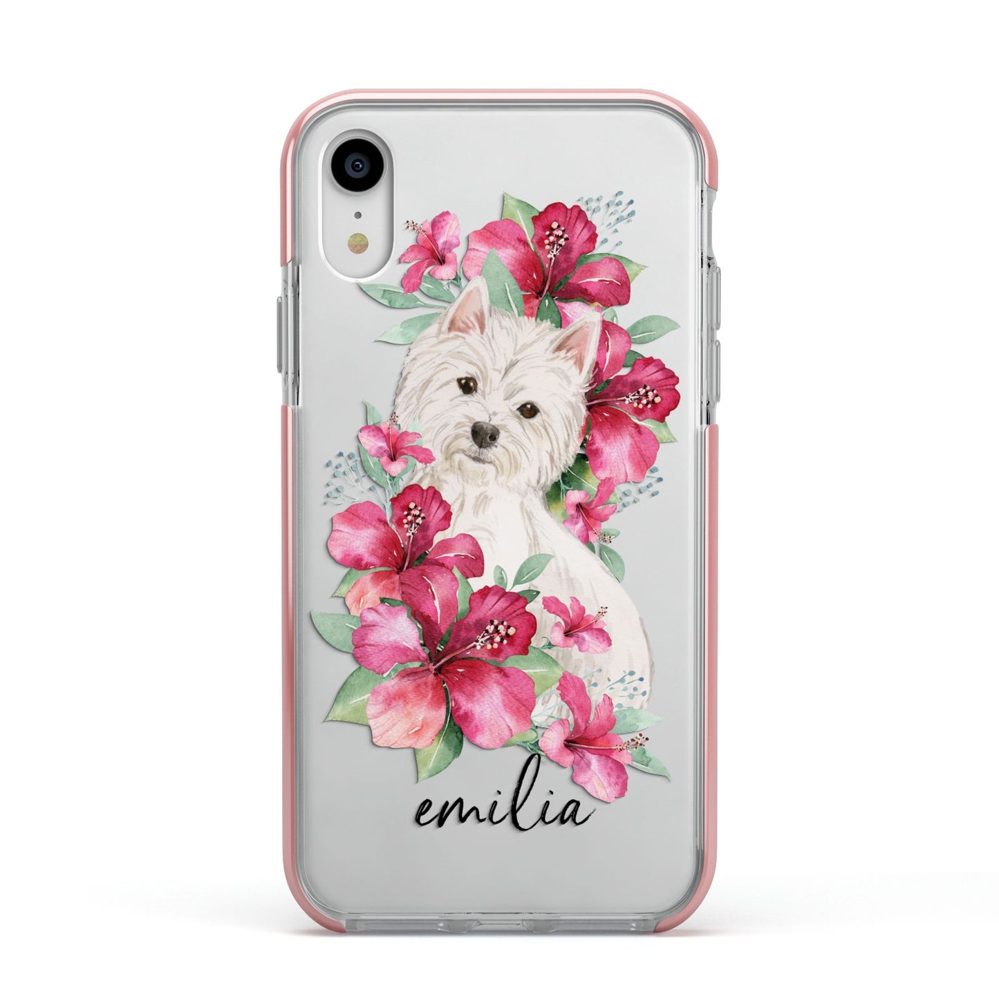 Personalised Westie Dog Apple iPhone XR Impact Case Pink Edge on Silver Phone
