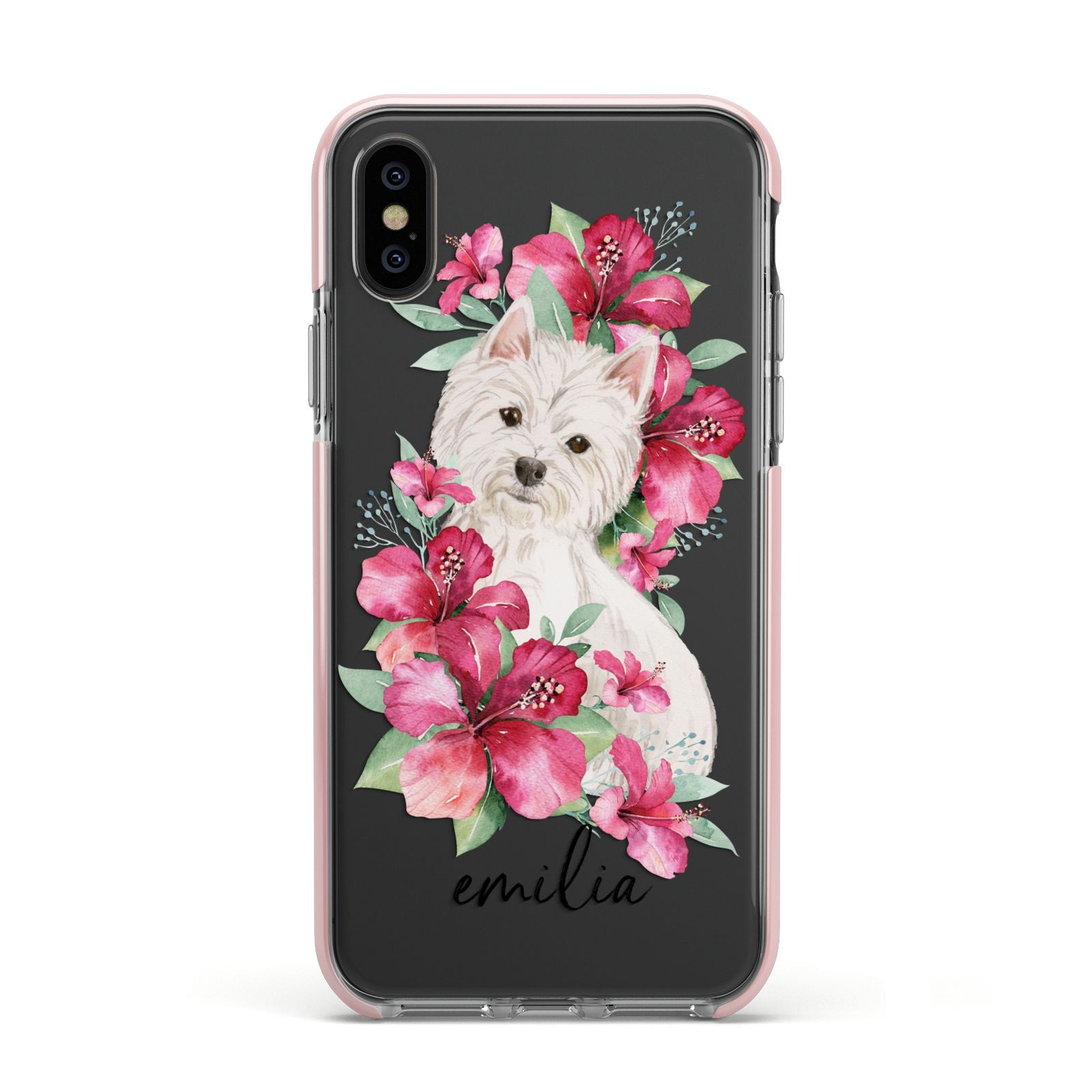 Personalised Westie Dog Apple iPhone Xs Impact Case Pink Edge on Black Phone
