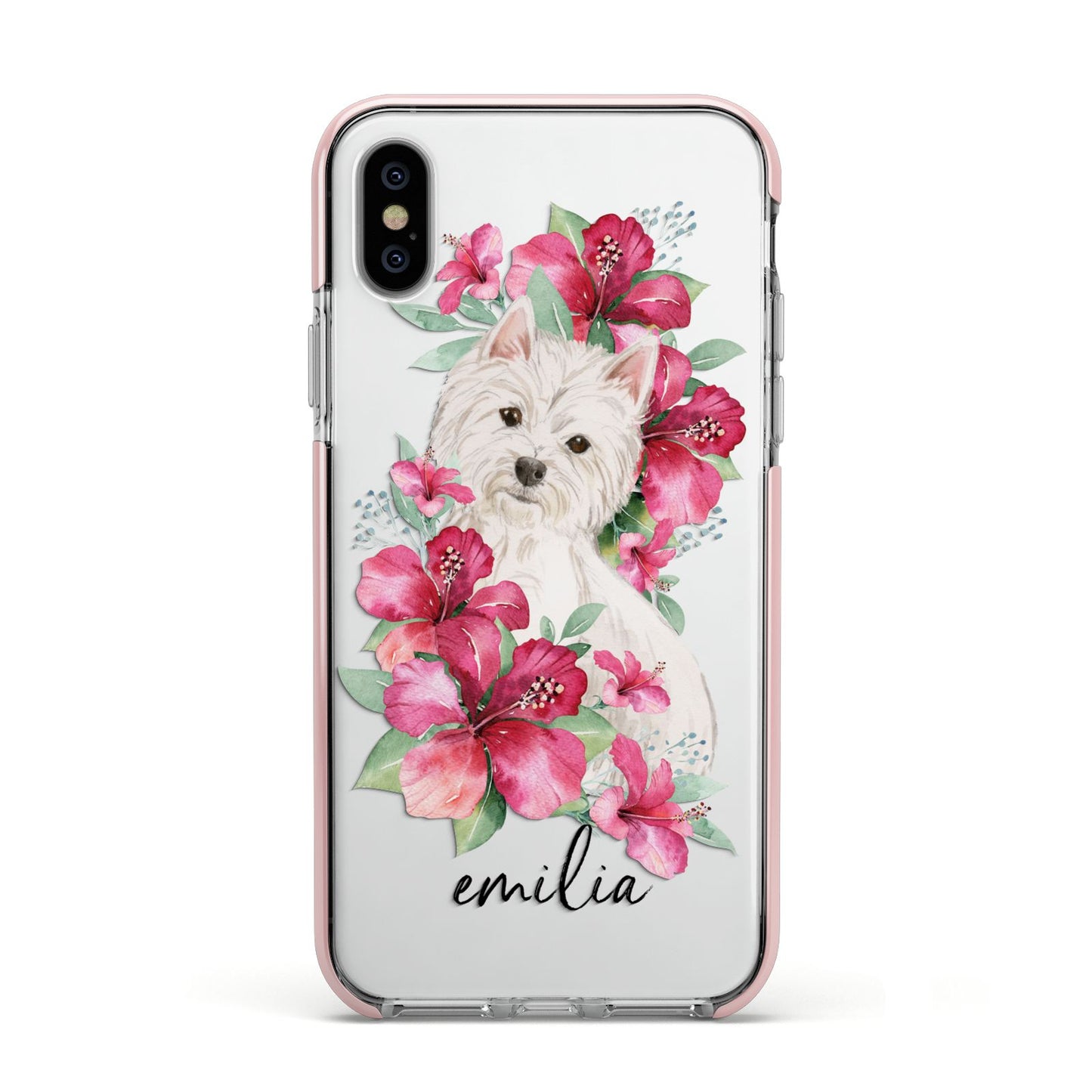 Personalised Westie Dog Apple iPhone Xs Impact Case Pink Edge on Silver Phone