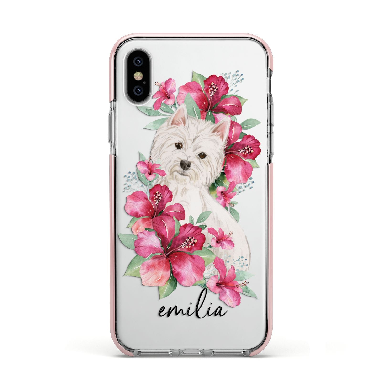 Personalised Westie Dog Apple iPhone Xs Impact Case Pink Edge on Silver Phone