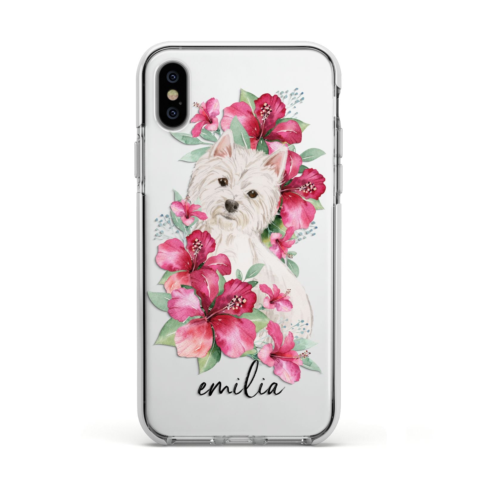 Personalised Westie Dog Apple iPhone Xs Impact Case White Edge on Silver Phone