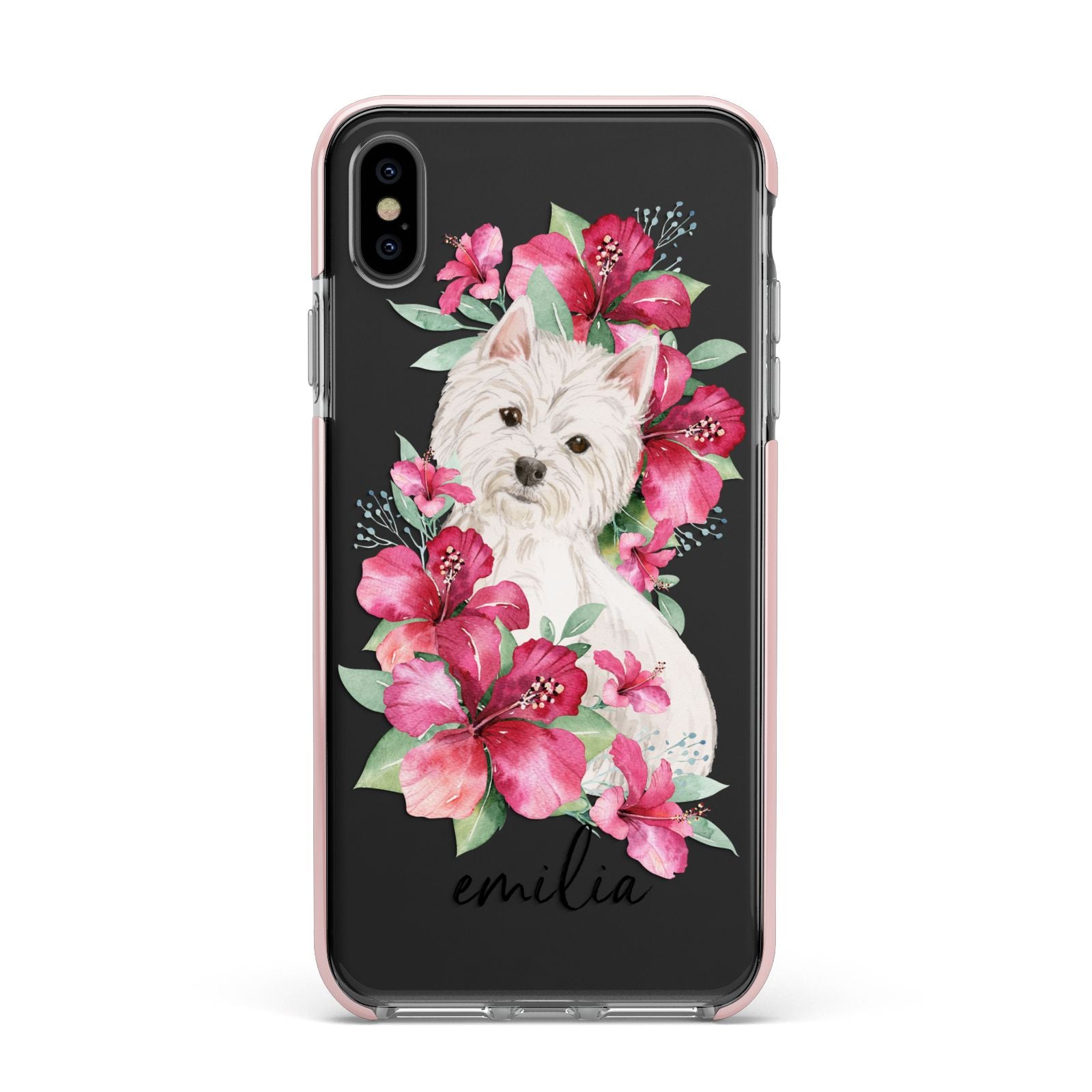 Personalised Westie Dog Apple iPhone Xs Max Impact Case Pink Edge on Black Phone