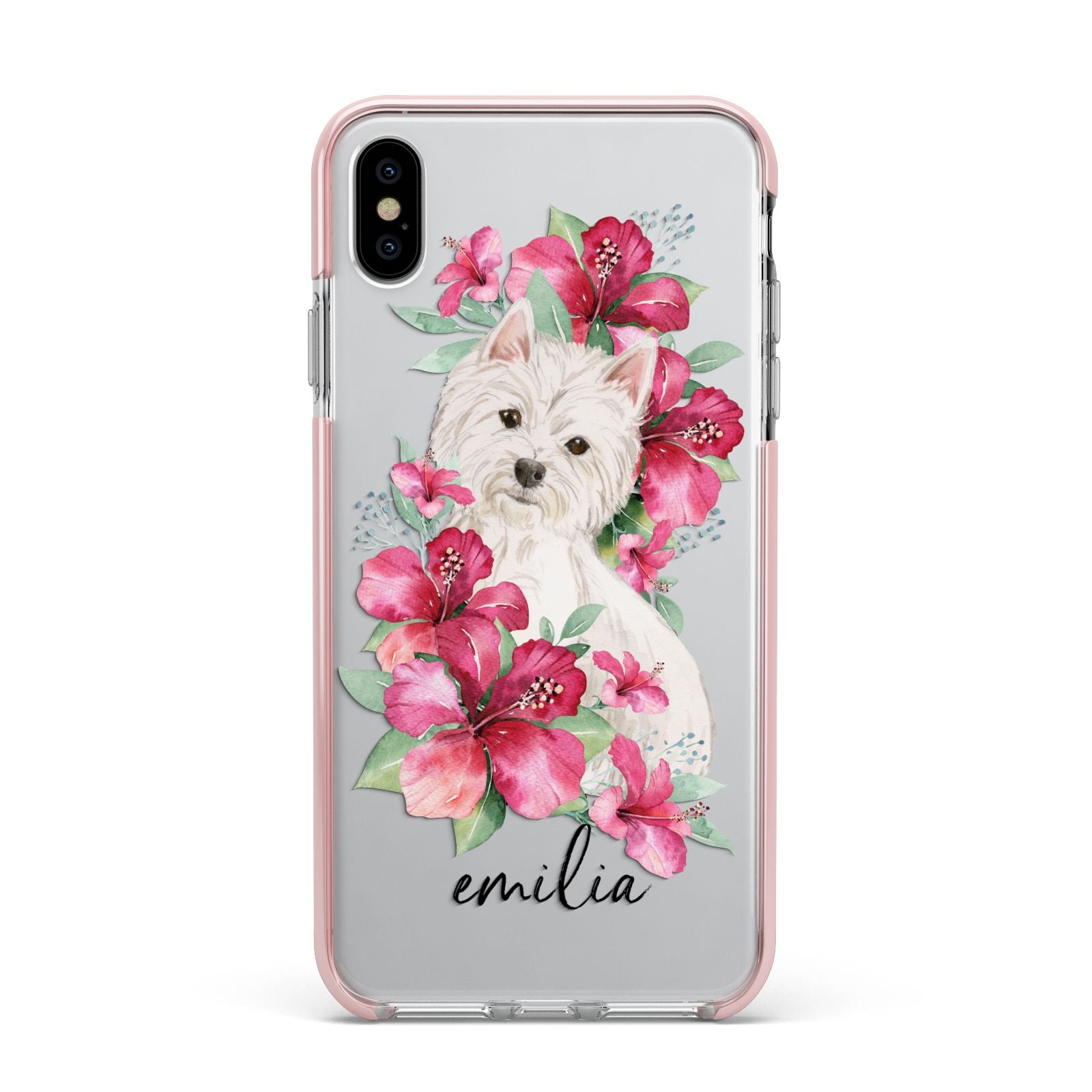 Personalised Westie Dog Apple iPhone Xs Max Impact Case Pink Edge on Silver Phone