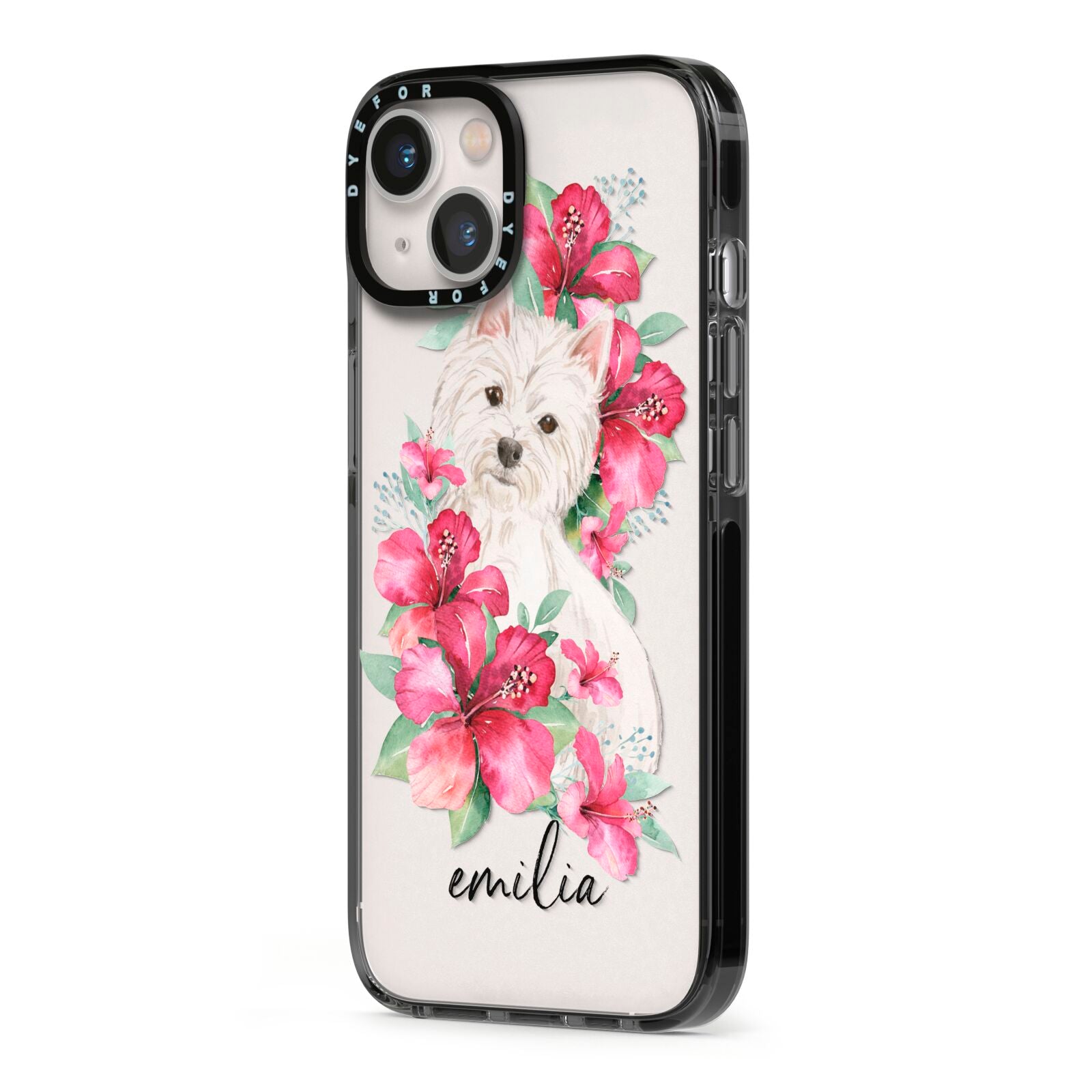 Personalised Westie Dog iPhone 13 Black Impact Case Side Angle on Silver phone