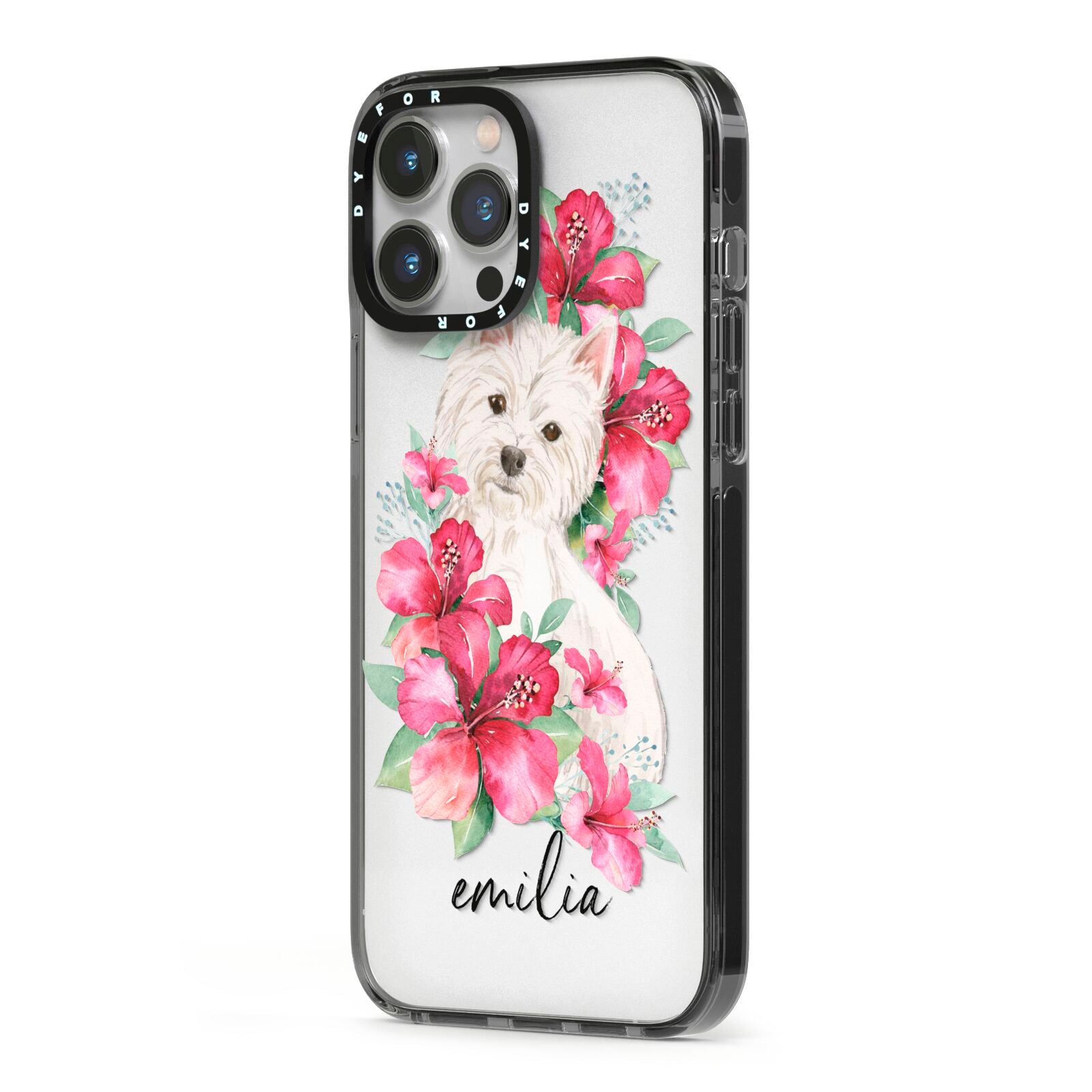 Personalised Westie Dog iPhone 13 Pro Max Black Impact Case Side Angle on Silver phone