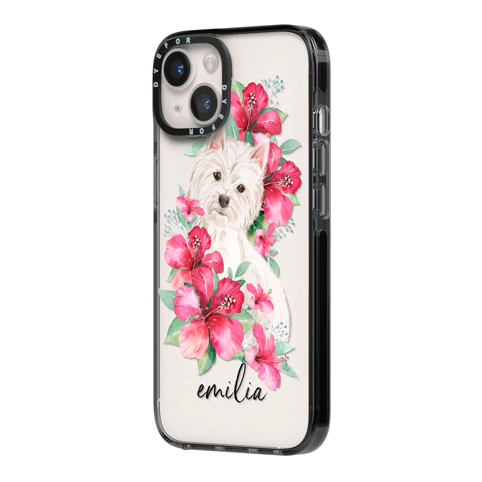 Personalised Westie Dog iPhone 14 Black Impact Case Side Angle on Silver phone