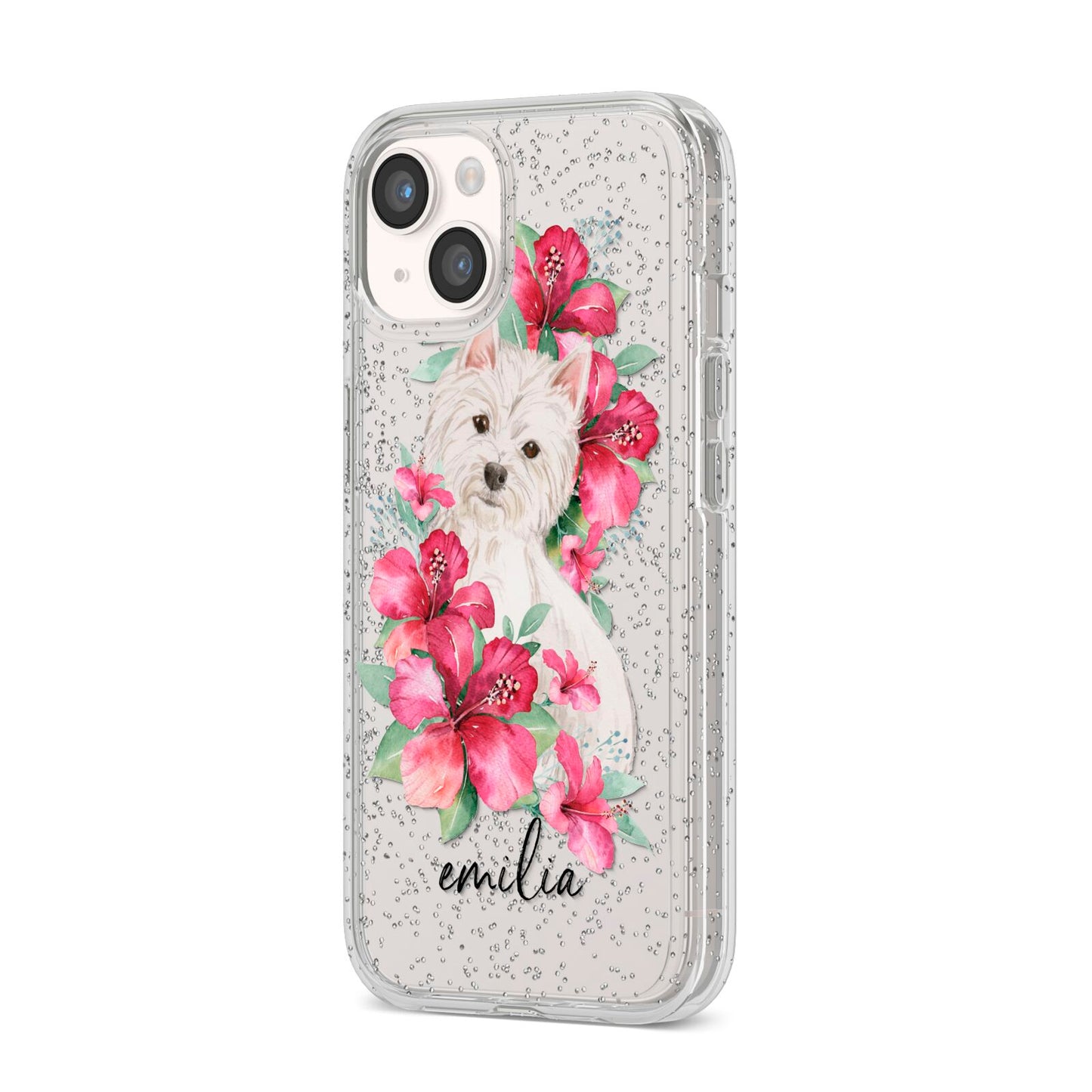 Personalised Westie Dog iPhone 14 Glitter Tough Case Starlight Angled Image