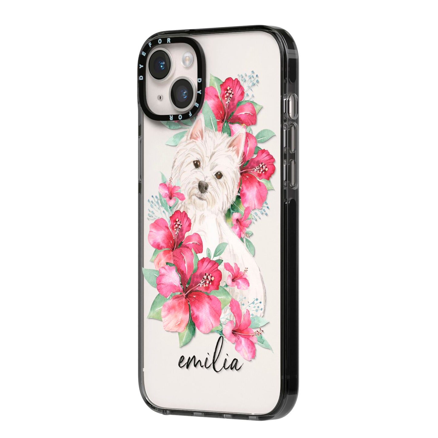 Personalised Westie Dog iPhone 14 Plus Black Impact Case Side Angle on Silver phone