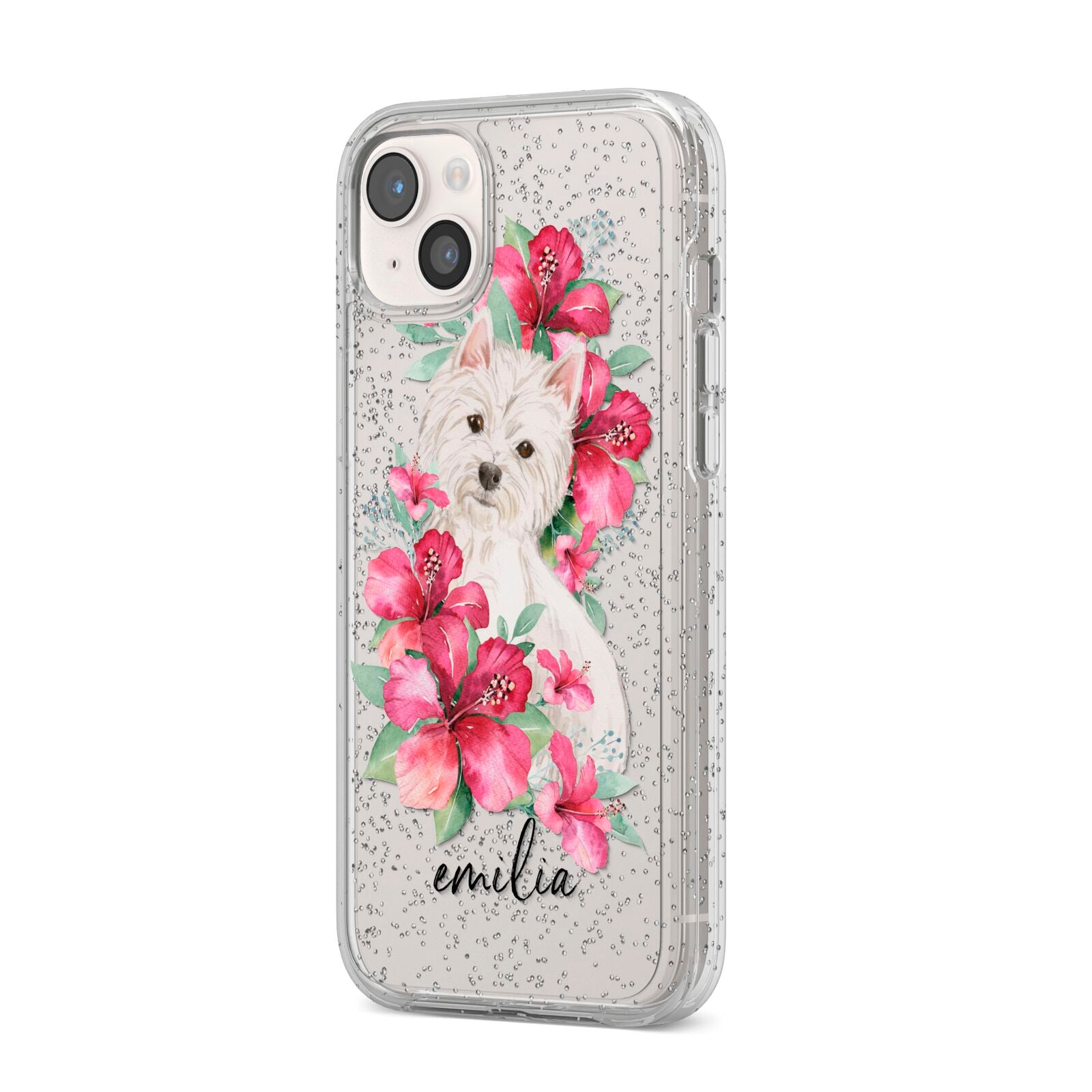 Personalised Westie Dog iPhone 14 Plus Glitter Tough Case Starlight Angled Image