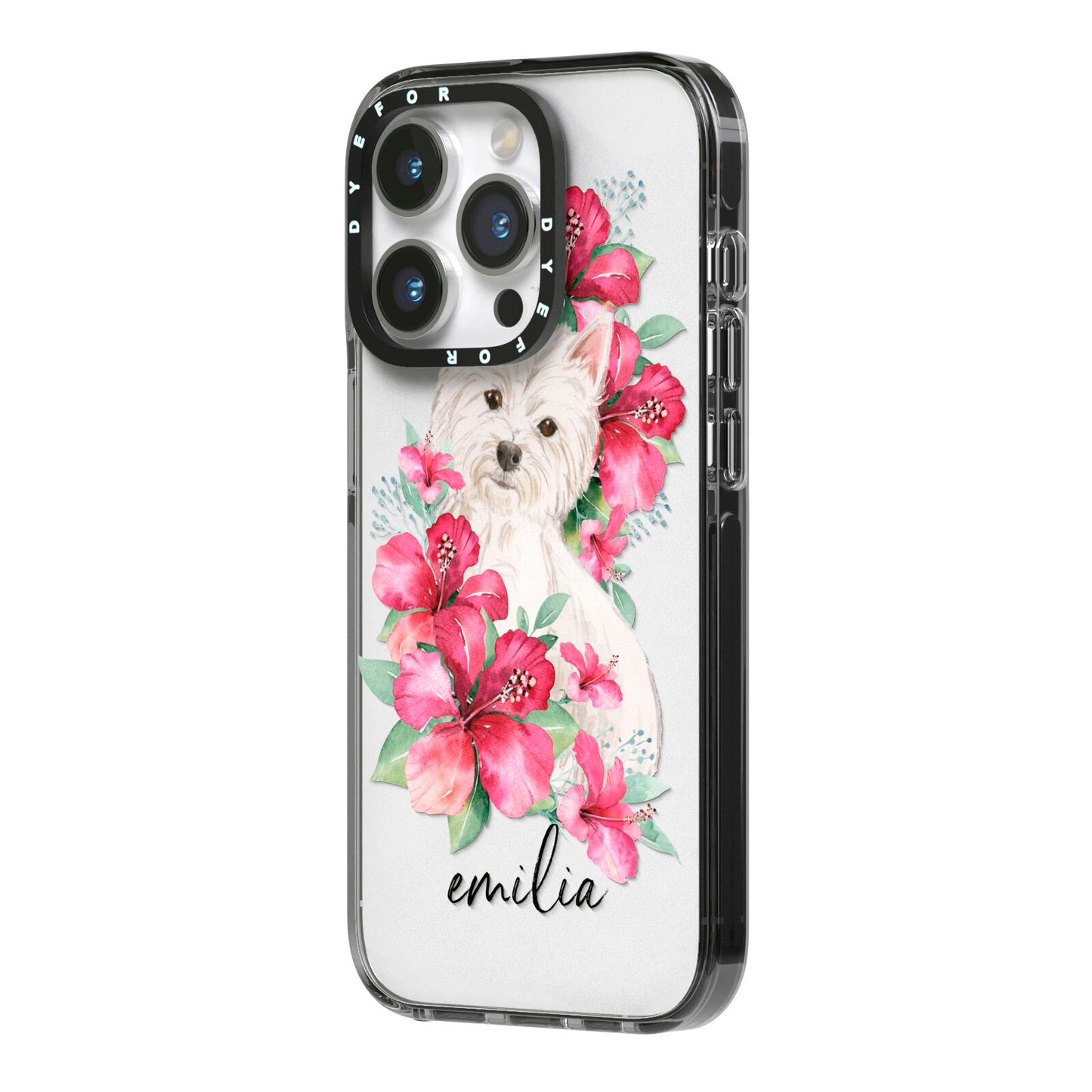 Personalised Westie Dog iPhone 14 Pro Black Impact Case Side Angle on Silver phone