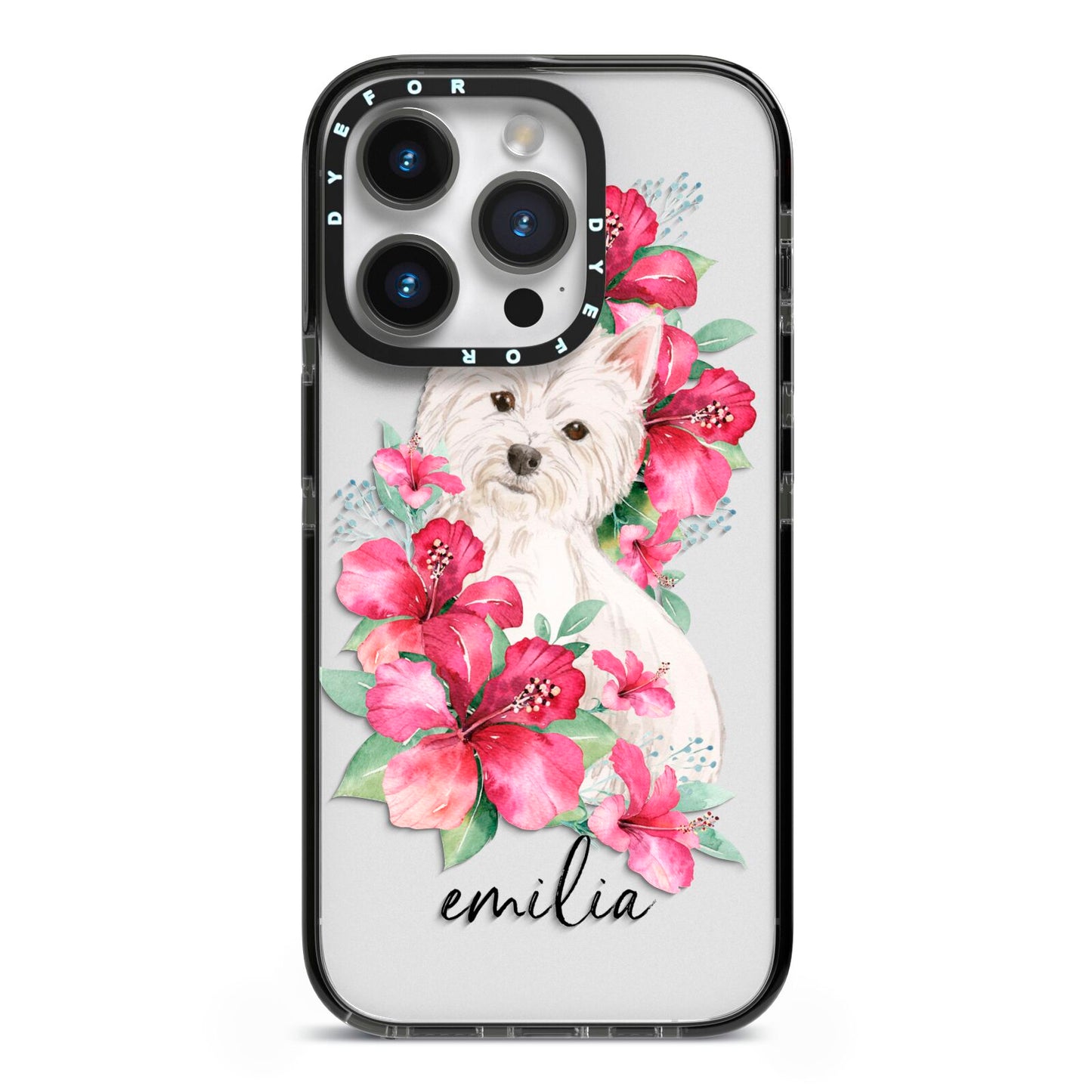 Personalised Westie Dog iPhone 14 Pro Black Impact Case on Silver phone