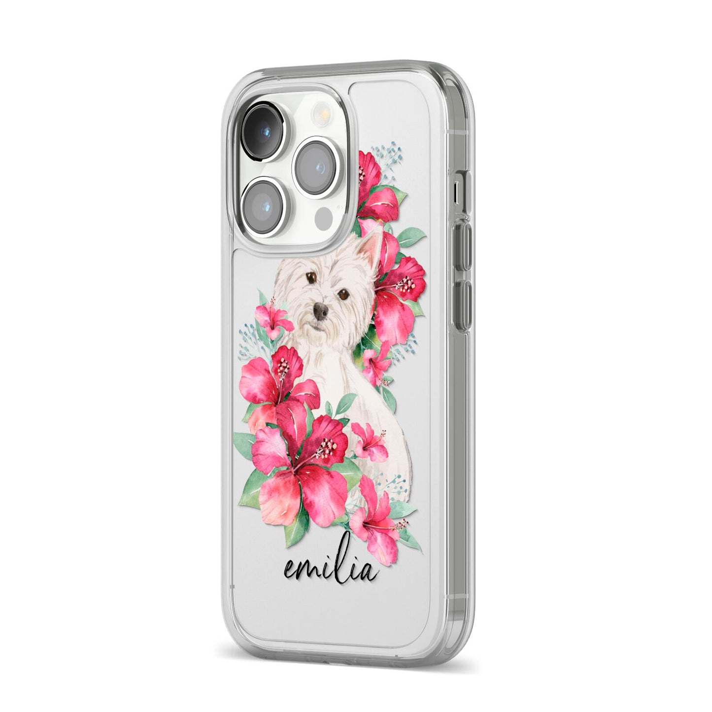 Personalised Westie Dog iPhone 14 Pro Clear Tough Case Silver Angled Image