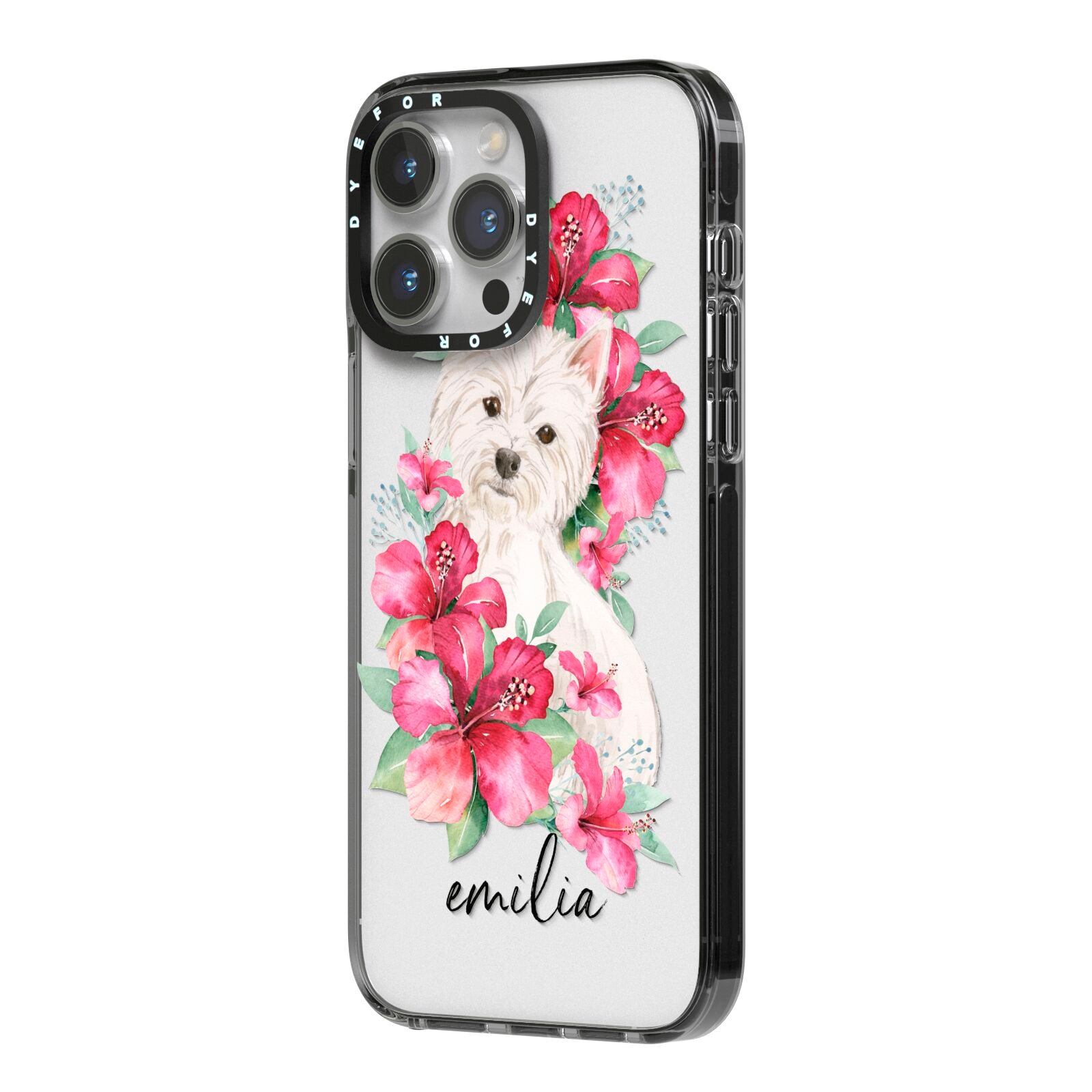 Personalised Westie Dog iPhone 14 Pro Max Black Impact Case Side Angle on Silver phone