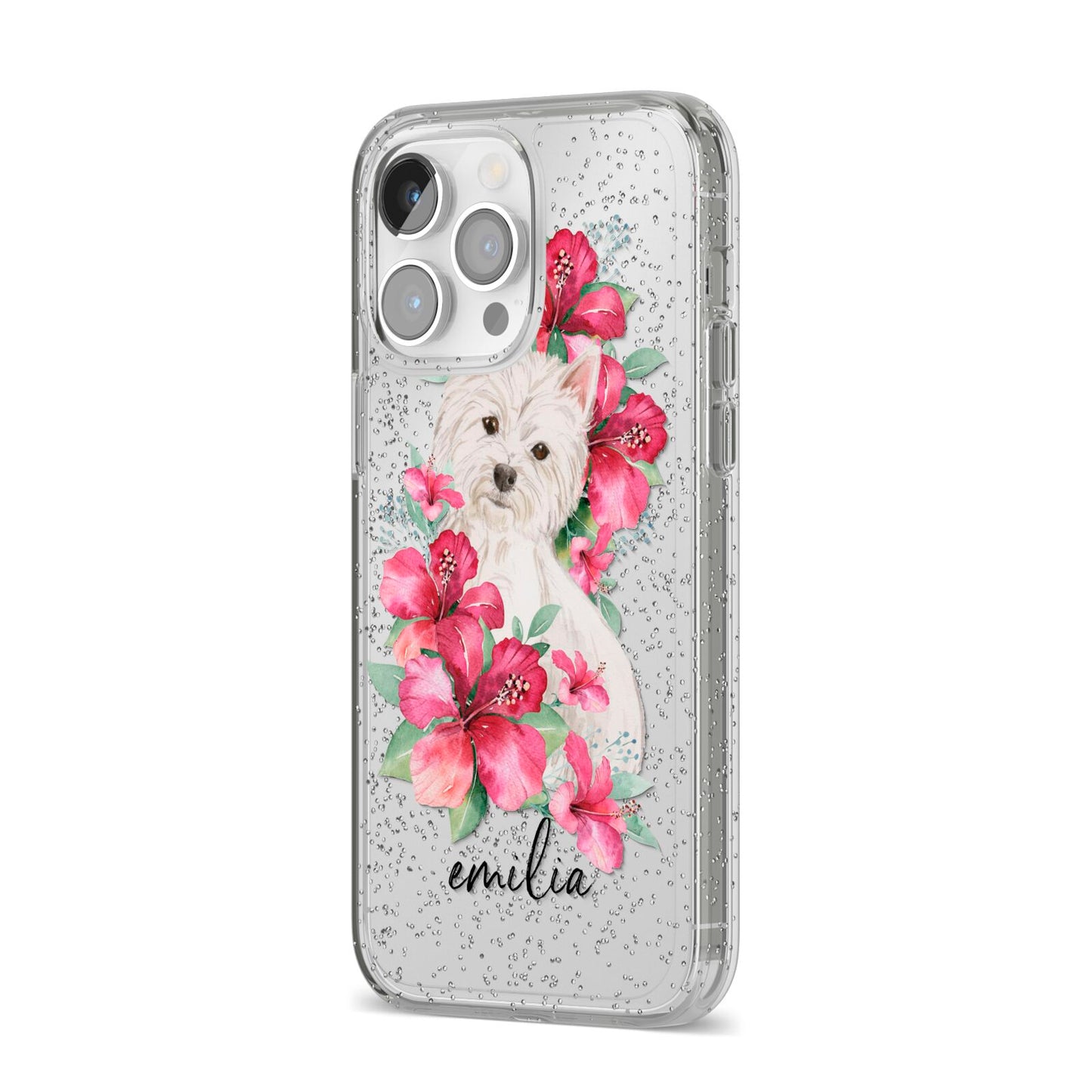 Personalised Westie Dog iPhone 14 Pro Max Glitter Tough Case Silver Angled Image