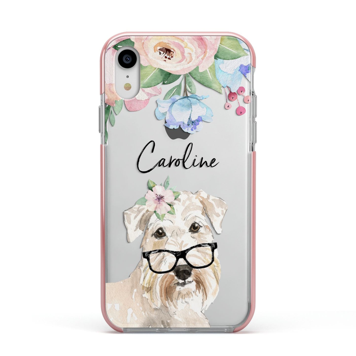 Personalised Wheaten Terrier Apple iPhone XR Impact Case Pink Edge on Silver Phone