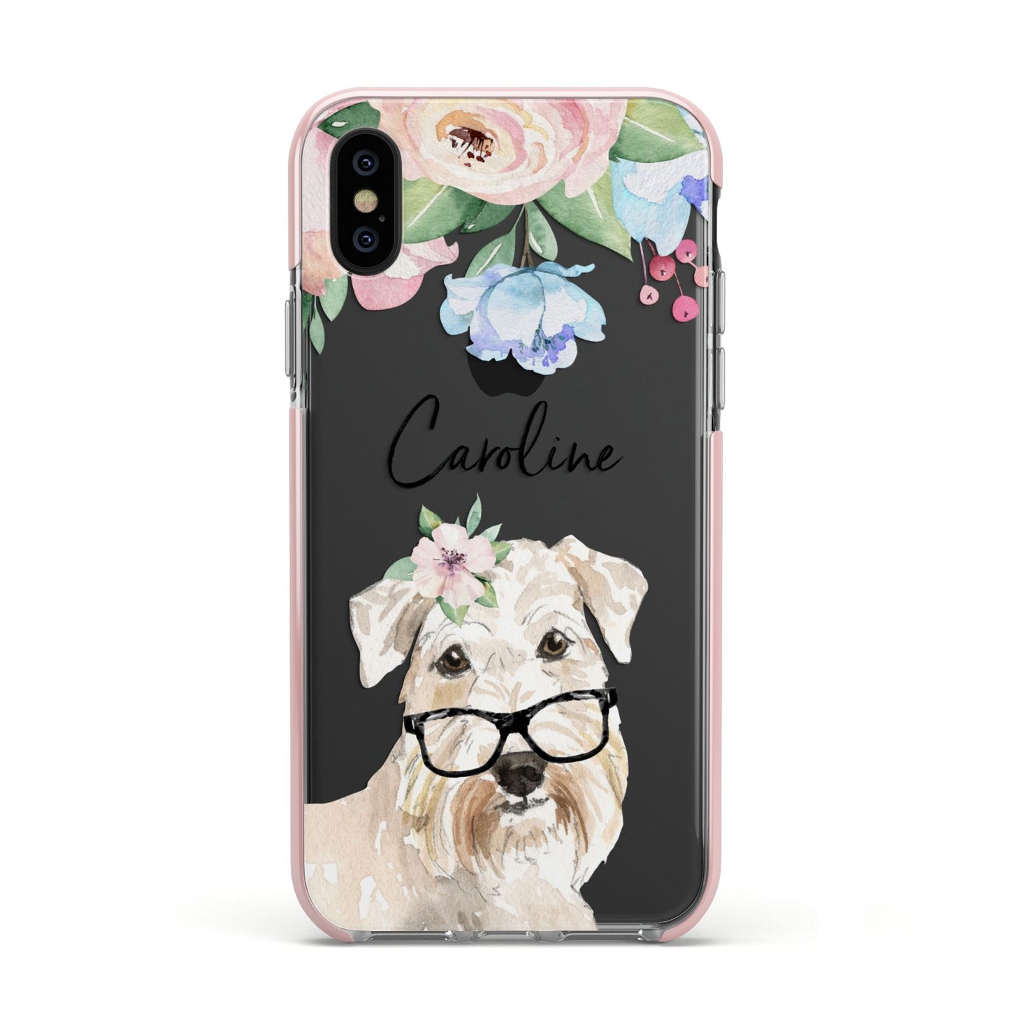 Personalised Wheaten Terrier Apple iPhone Xs Impact Case Pink Edge on Black Phone