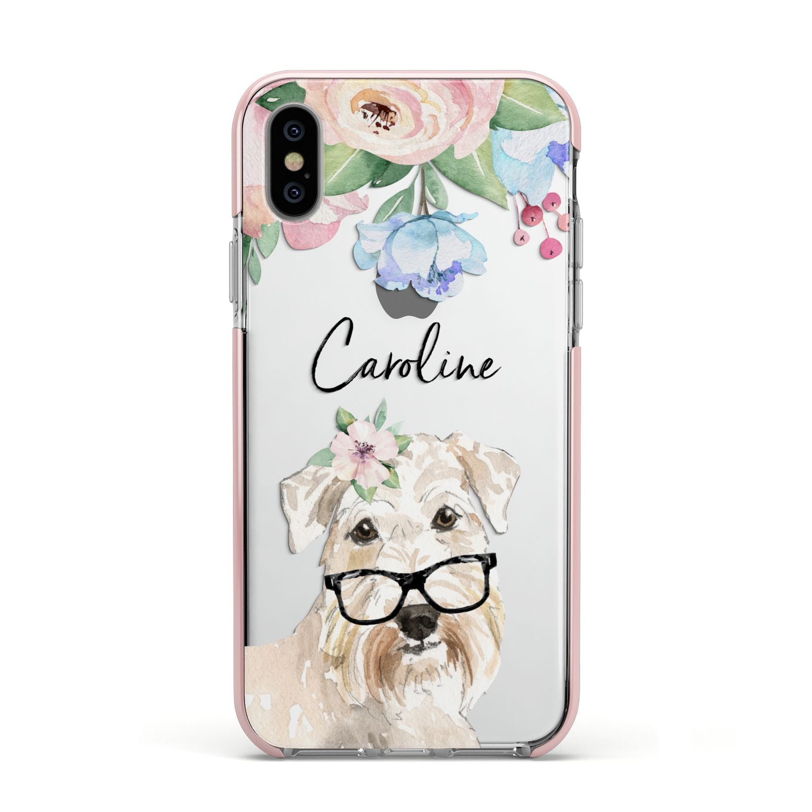 Personalised Wheaten Terrier Apple iPhone Xs Impact Case Pink Edge on Silver Phone