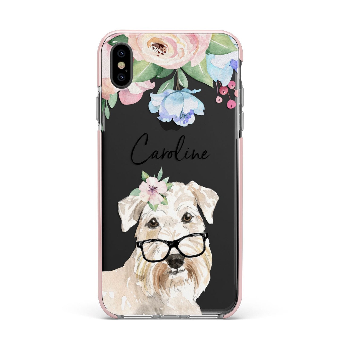 Personalised Wheaten Terrier Apple iPhone Xs Max Impact Case Pink Edge on Black Phone