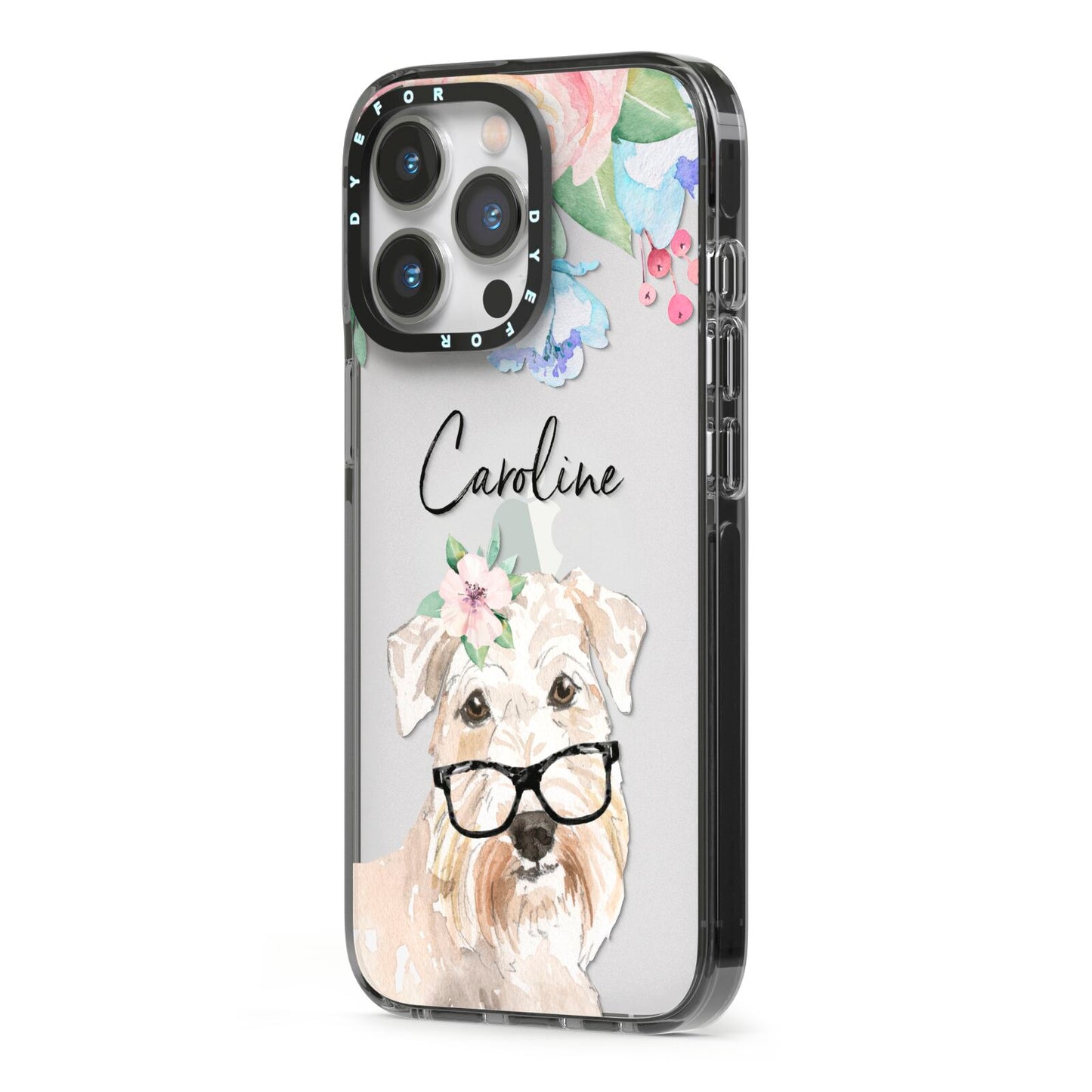 Personalised Wheaten Terrier iPhone 13 Pro Black Impact Case Side Angle on Silver phone