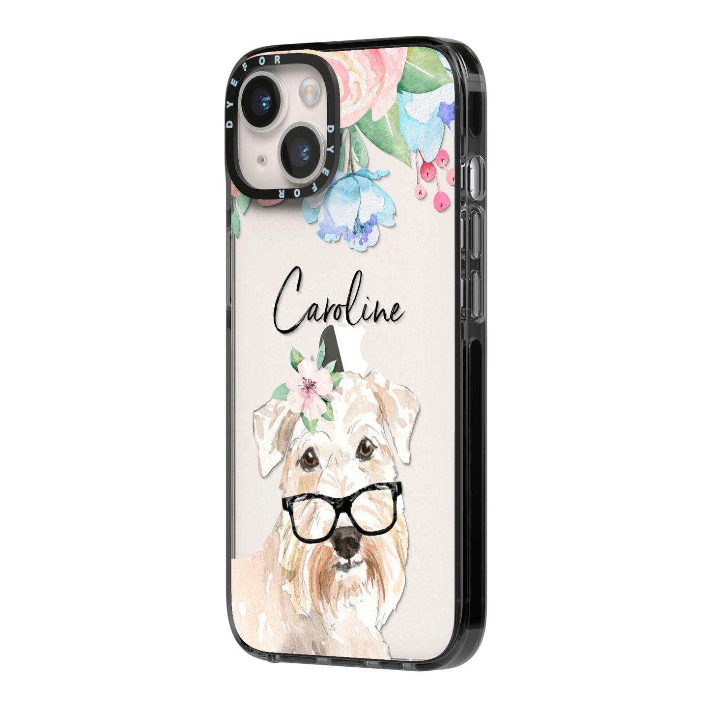 Personalised Wheaten Terrier iPhone 14 Black Impact Case Side Angle on Silver phone