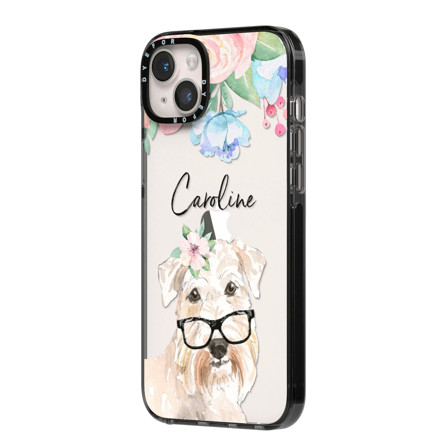 Personalised Wheaten Terrier iPhone 14 Plus Black Impact Case Side Angle on Silver phone